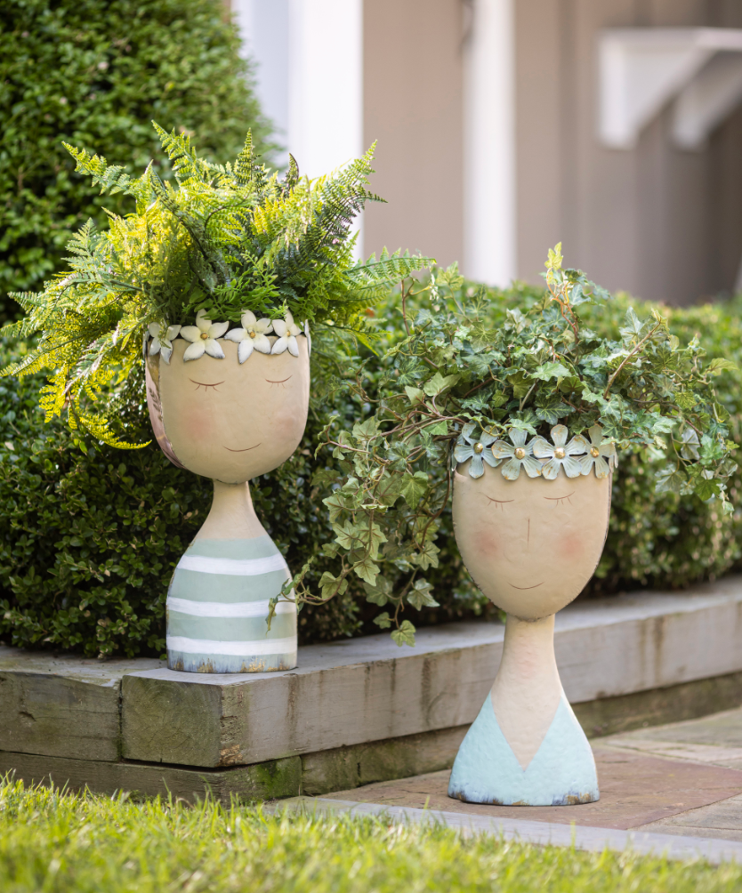 small face plant pot Metal Female Face Planter with Flower Headband