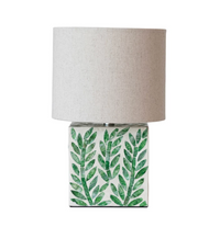 MDF & Mother of Pearl Table Lamp w/ Botanical Pattern, Linen Shade