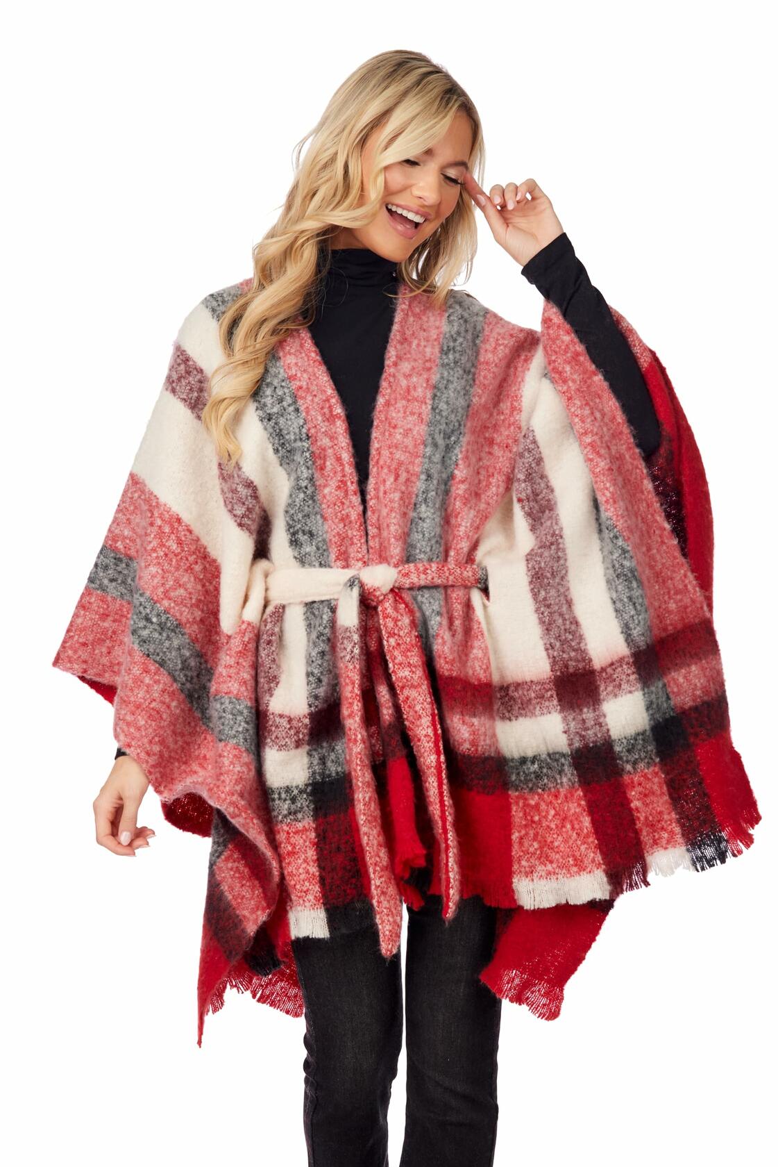 Brinley Belted Poncho, Red By Mud Pie