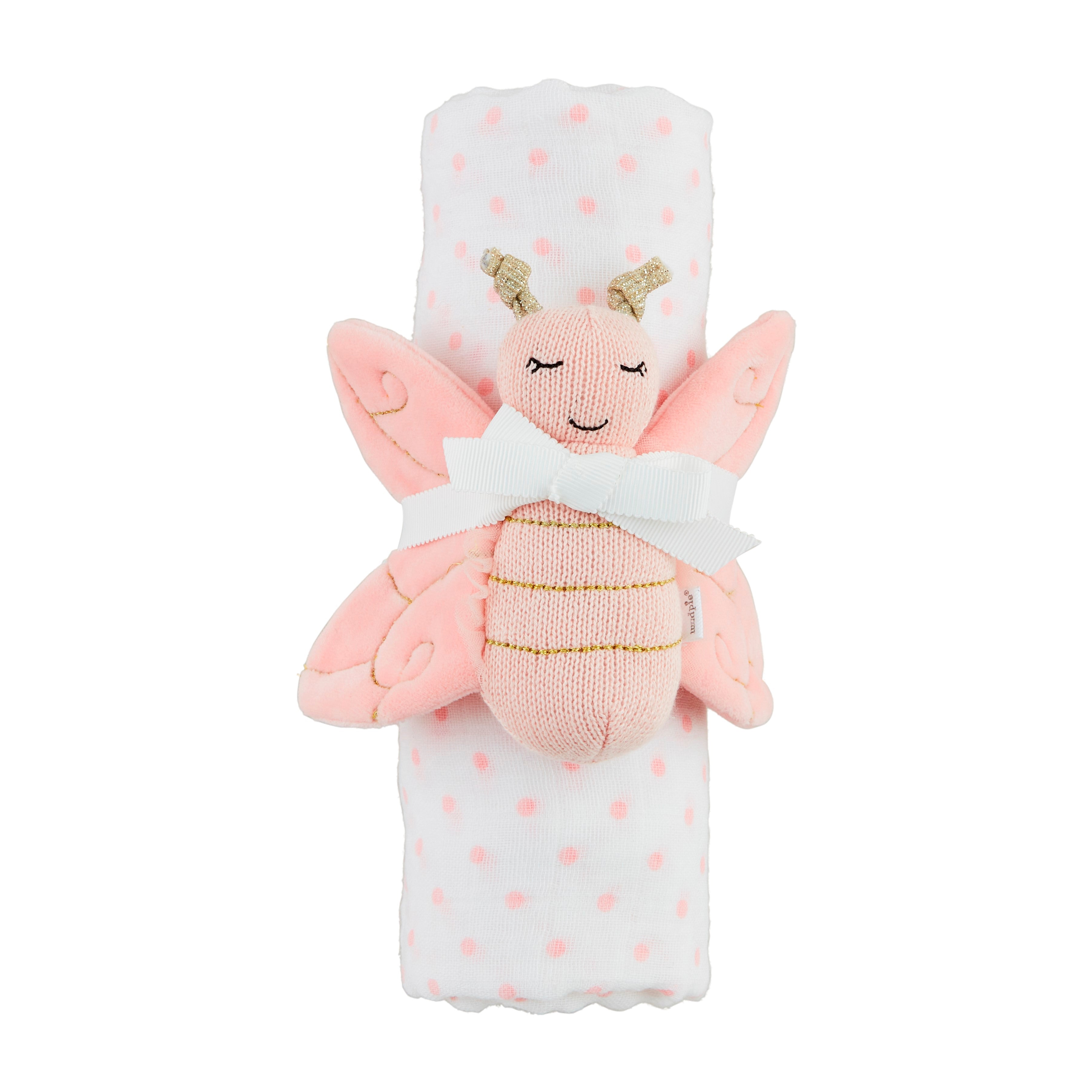 Pink Dot Swaddle & Rattle Set By Mud Pie