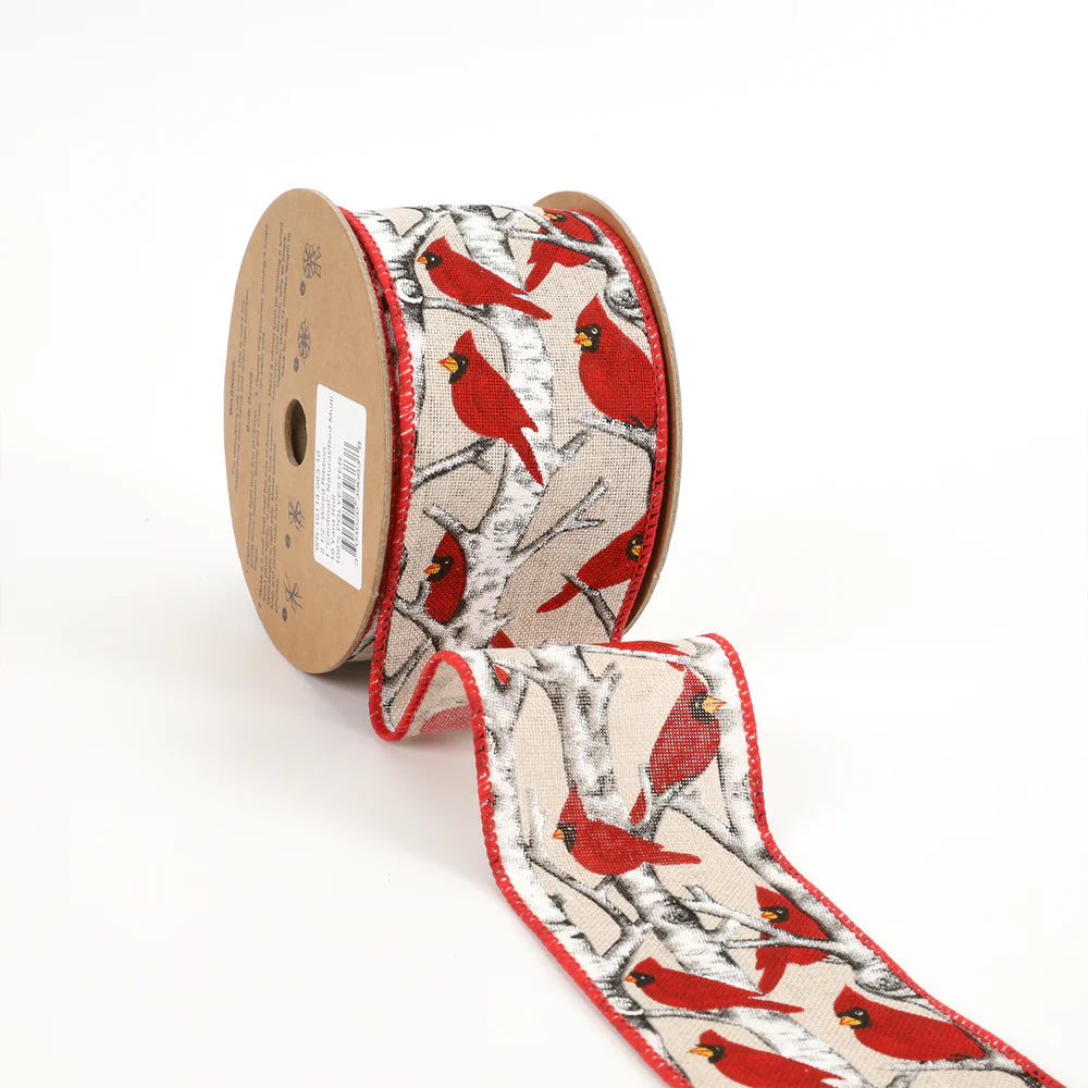 2 1/2" Wired Ribbon Charming Cardinal Natural/Red Multi 10 Yards