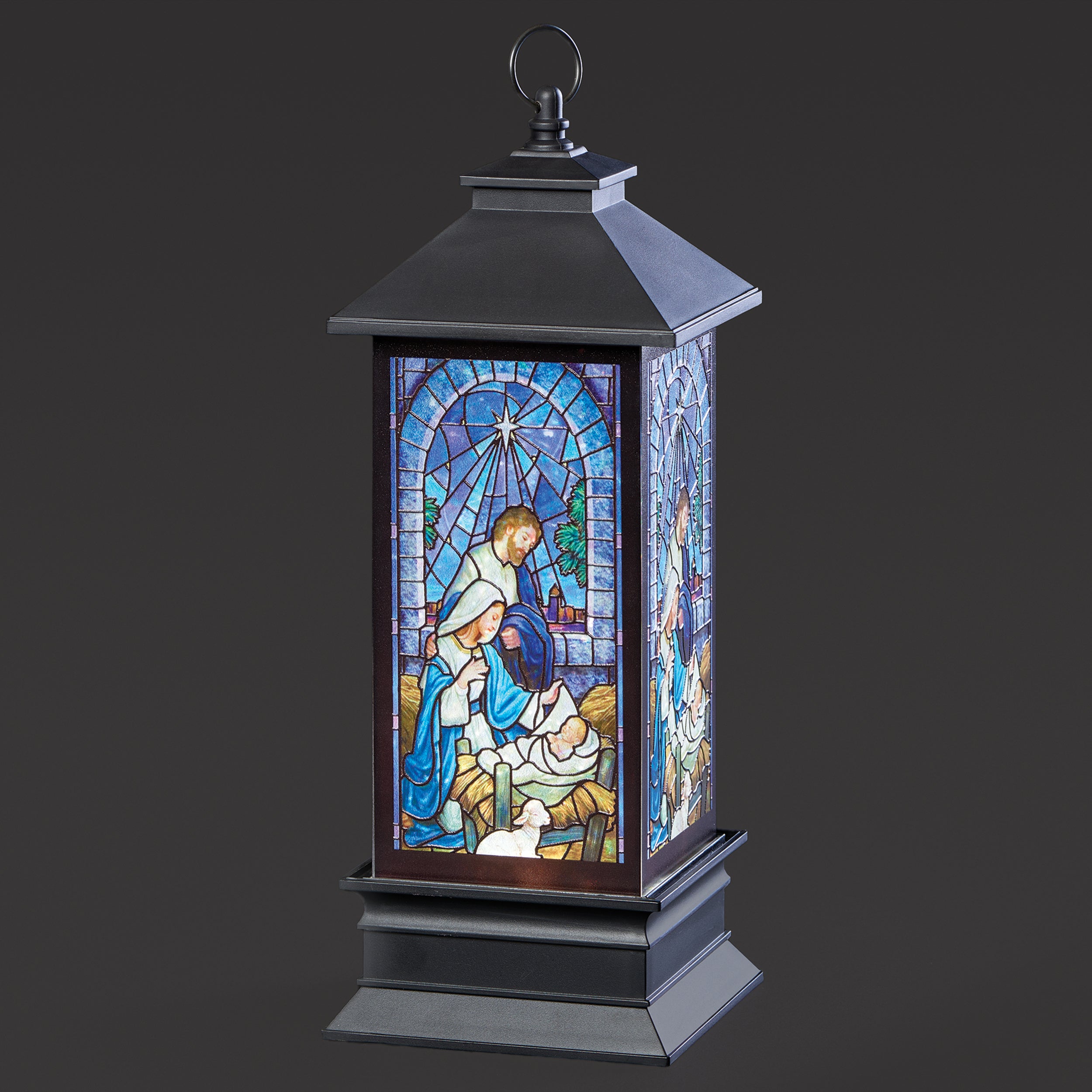 Roman lighted swirl lantern with stained-glass style Holy Family nativity scene