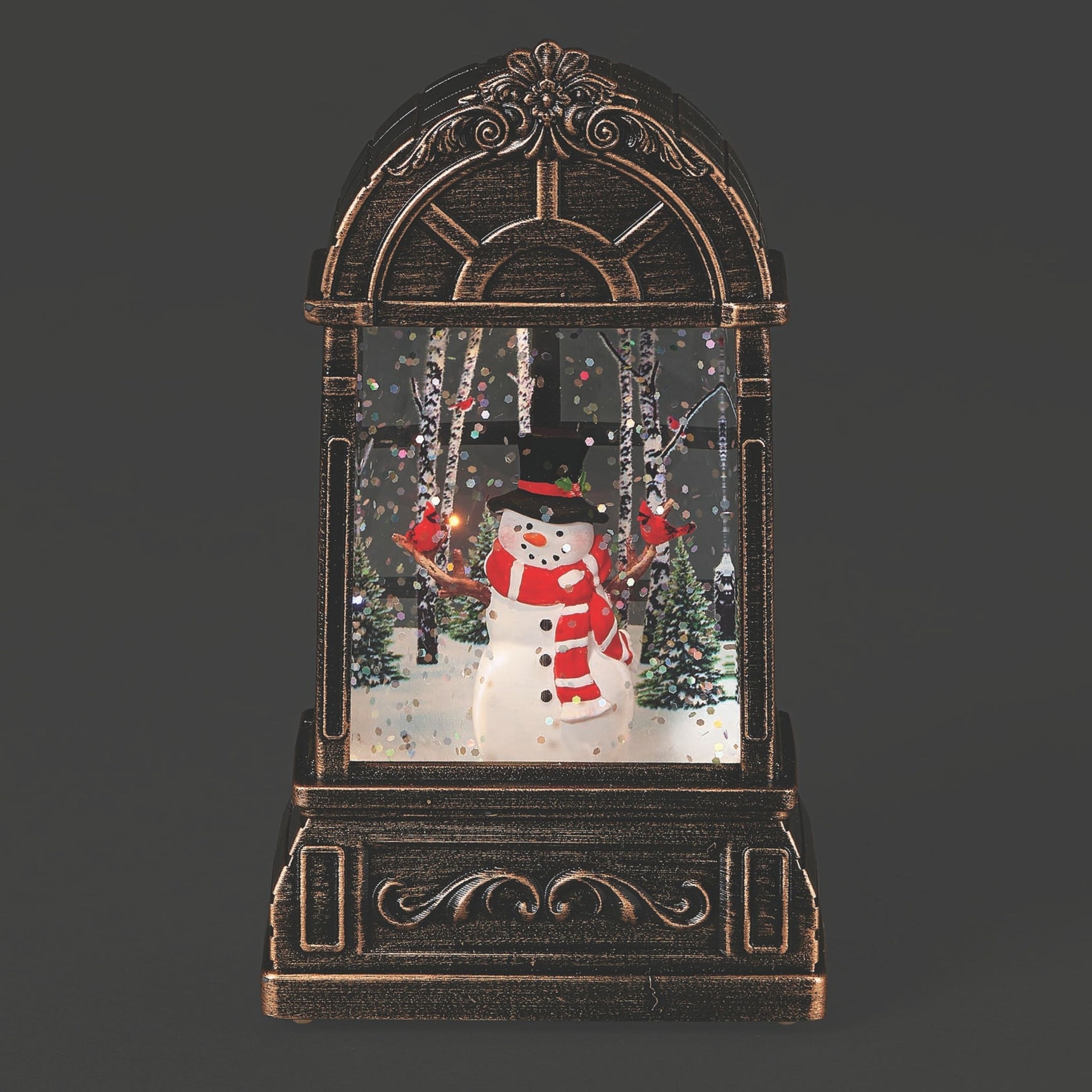 Roman Lighted Snowman in Window with Shimmering Glitter