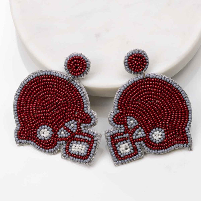 Football Helmet Beaded Earrings Maroon/Gray 2.5"