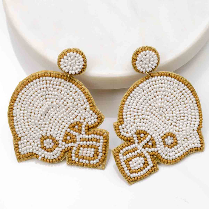 Football Helmet Beaded Earrings White/Gold 2.5"