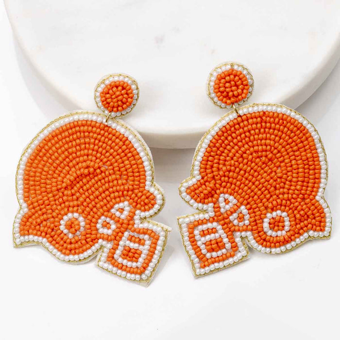 Football Helmet Beaded Earrings Orange/White 2.5"