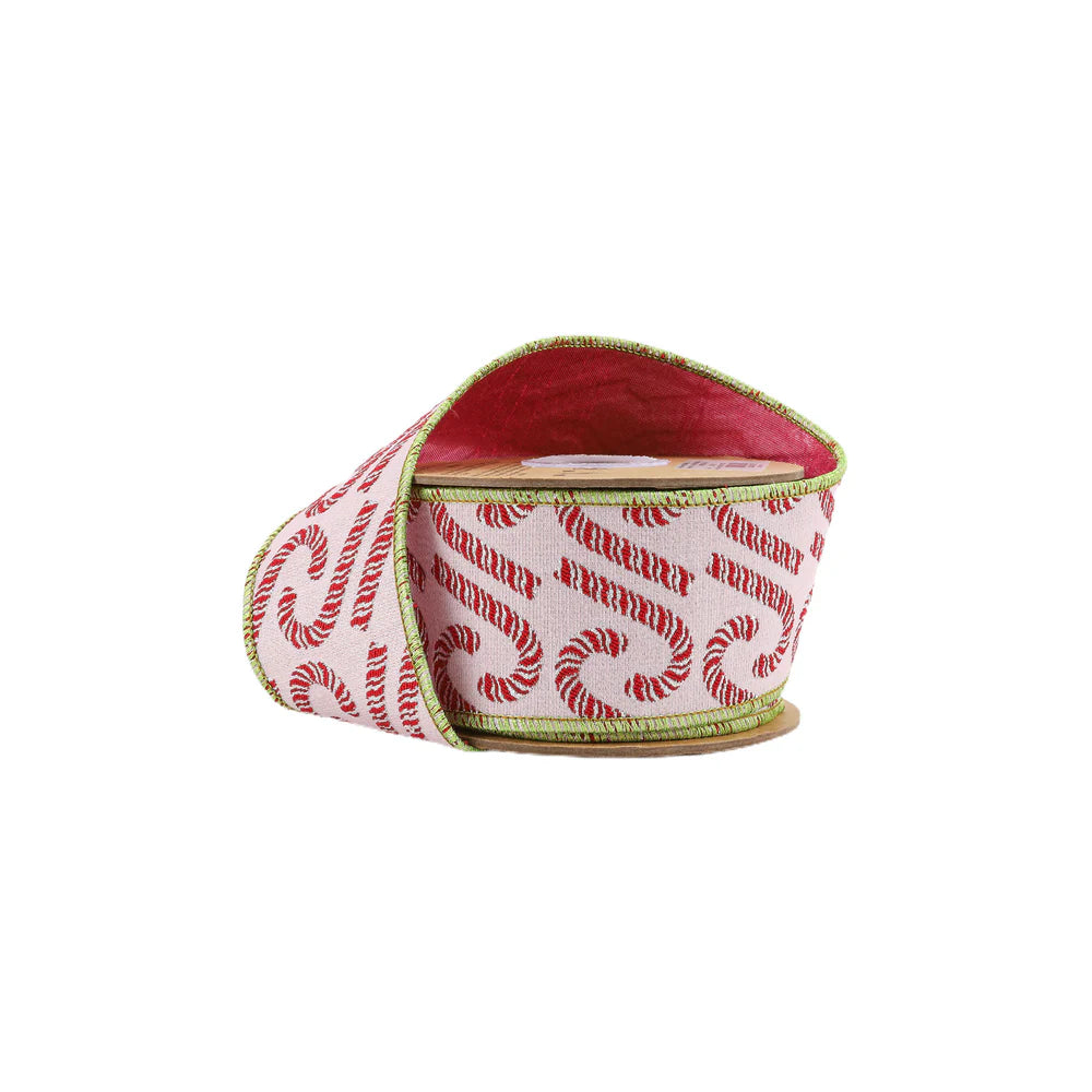 2 1/2" Wired Jacquard Ribbon Candy Cane on Pink w/ Dupioni Backed 5 Yards