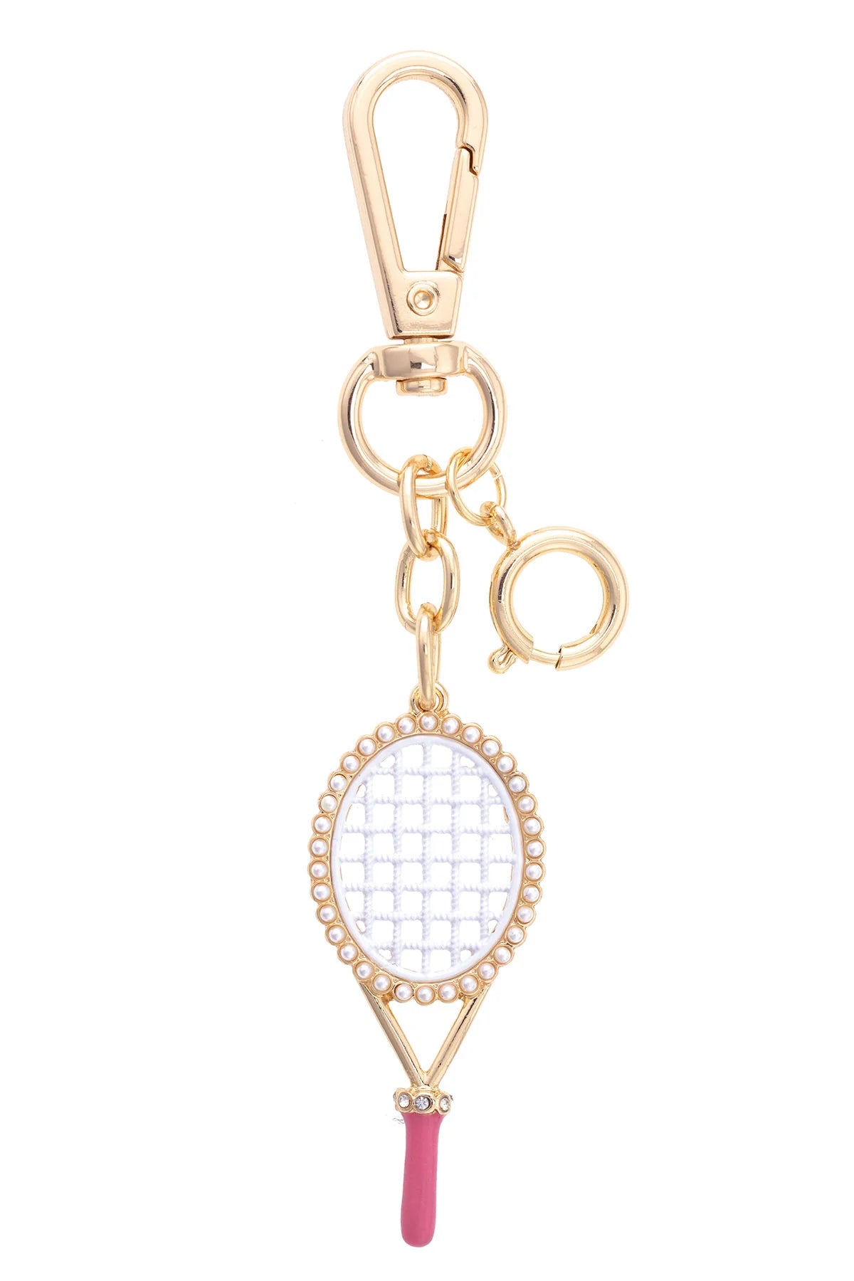 Pearl Studded Tennis Racket Bag Charm in Pink
