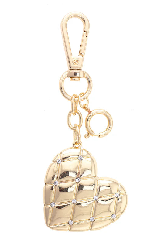 Rhinestone Quilted Heart Bag Charm in Shiny Gold