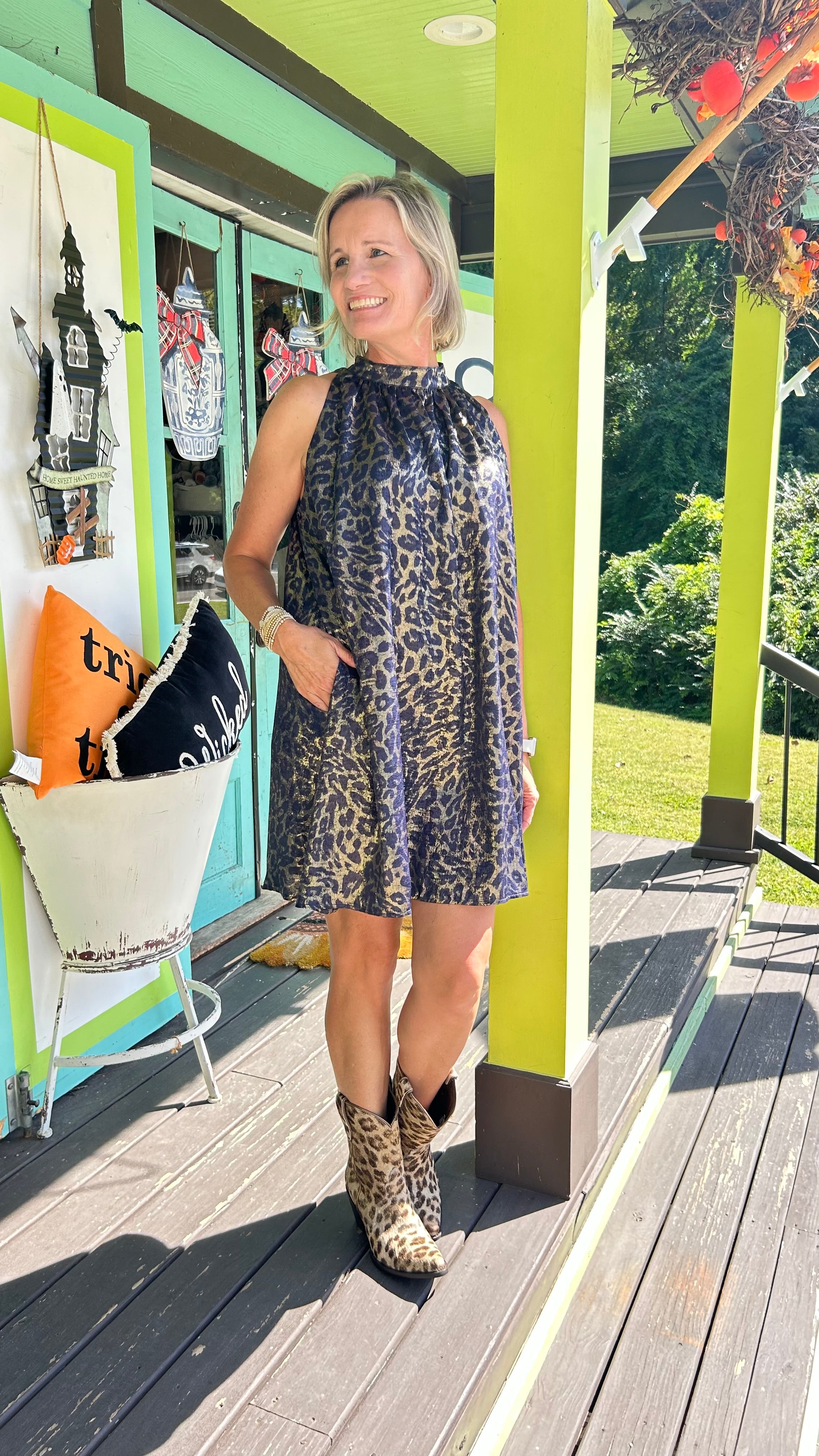 Hazel THML Cheetah Print Sleeveless Shiny Dress – Navy