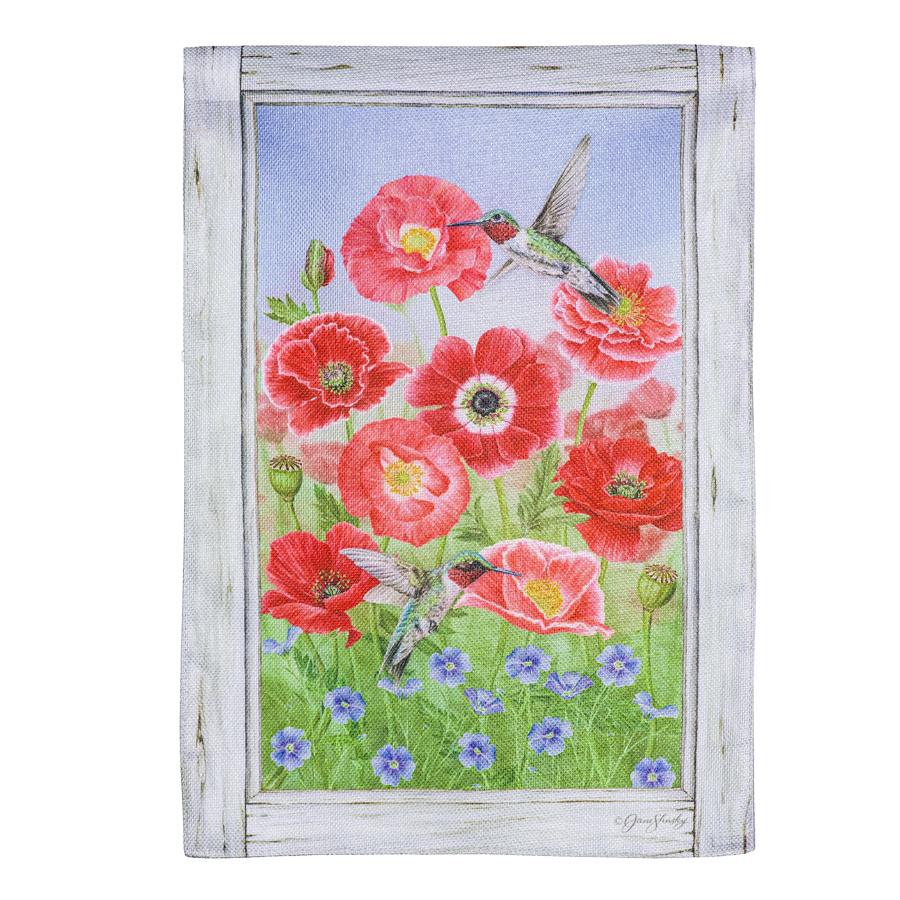 Poppy's and Hummingbirds Burlap Garden Flag