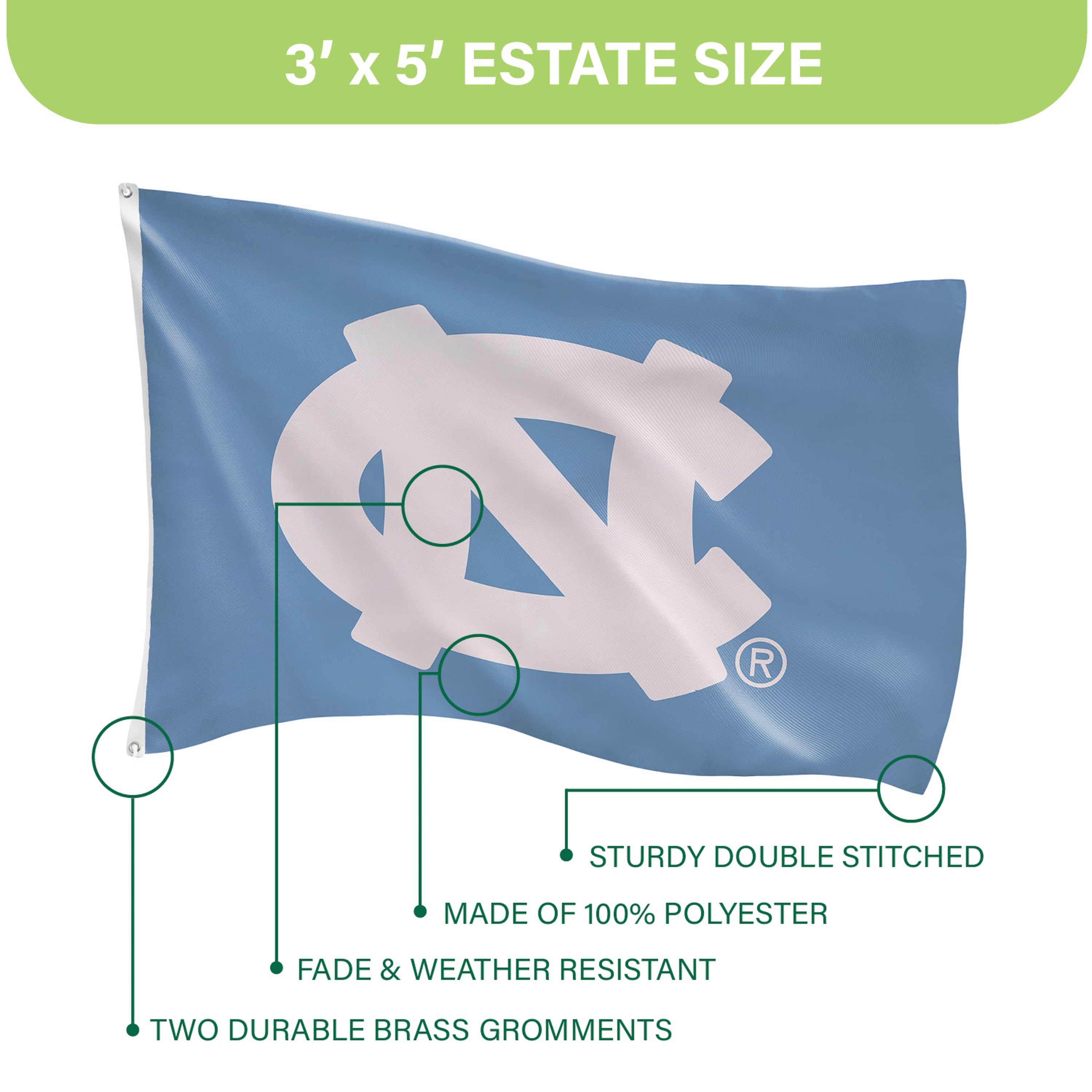 University of North Carolina Single Sided Flag w/ 2 Grommets, 3'x5'