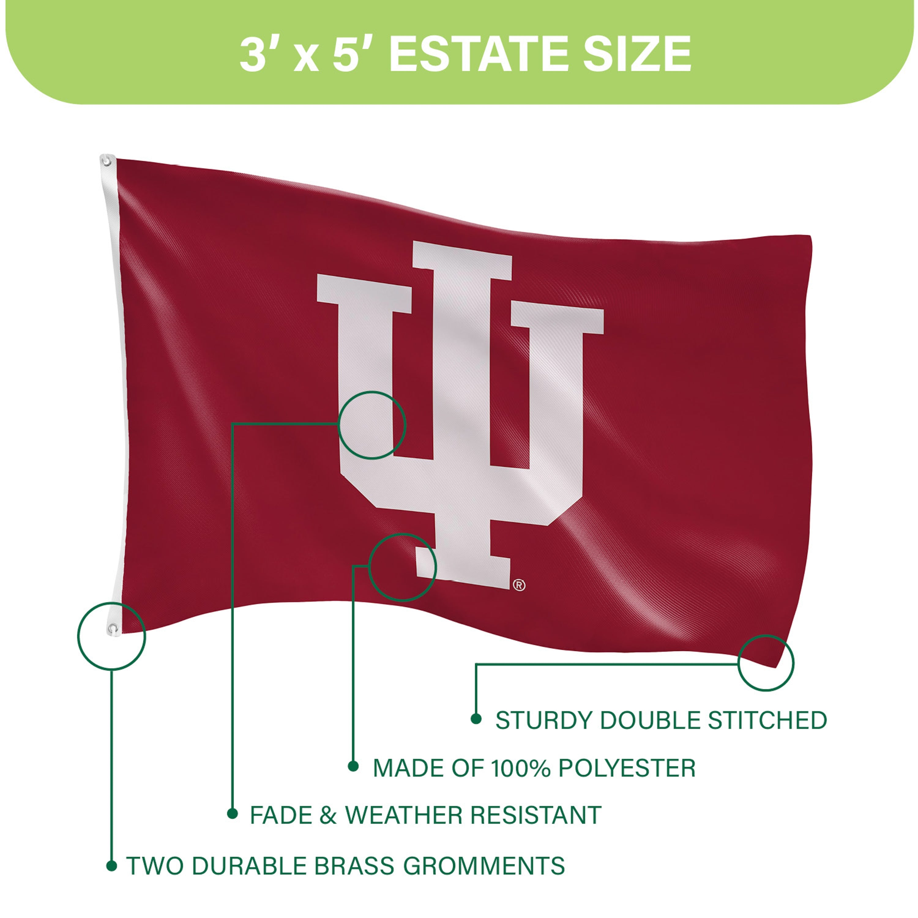 3'x5' Single Sided Flag w/ 2 Grommets, Indiana University