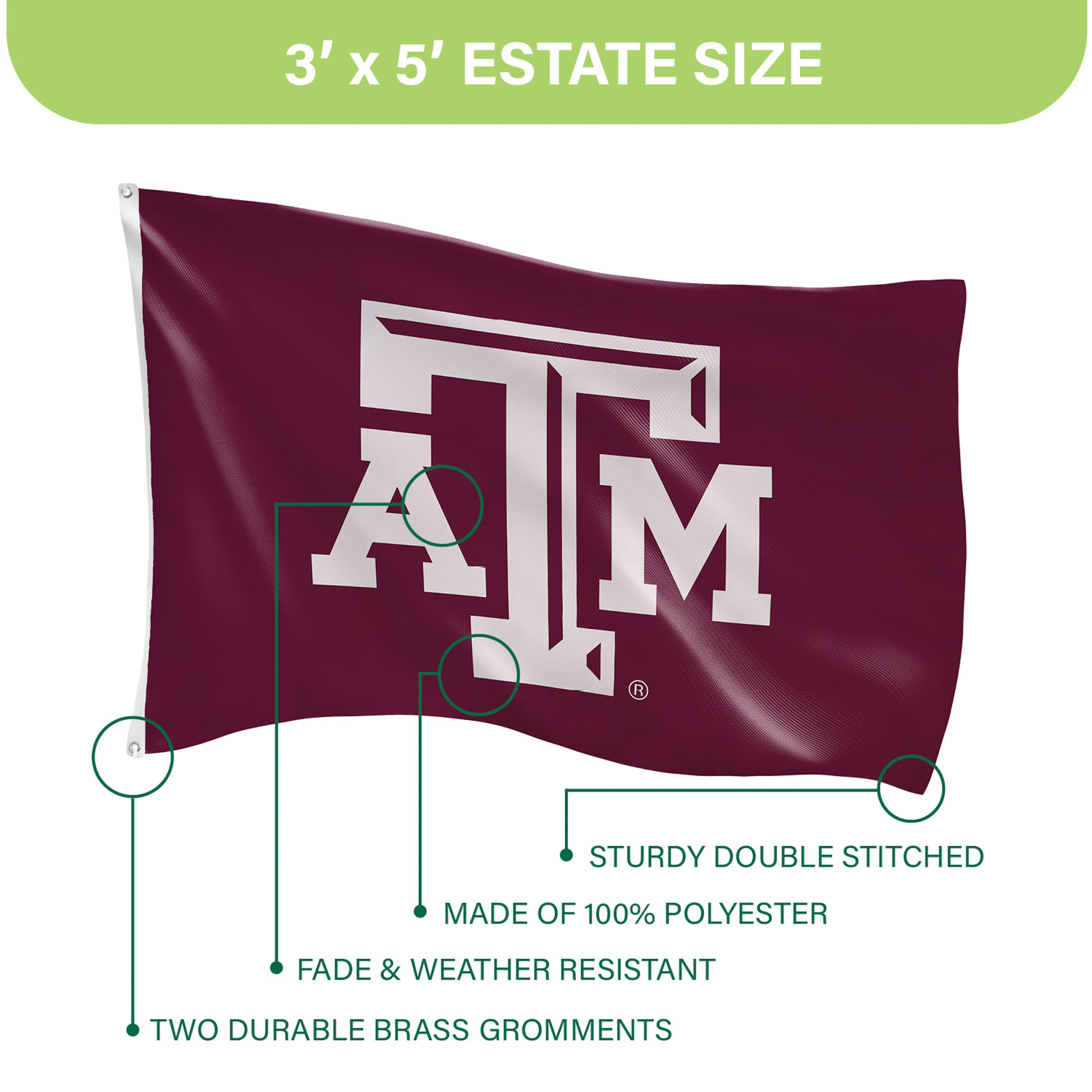 Texas A&M Single Sided Estate Flag with 2 Grommets, 3'x5'