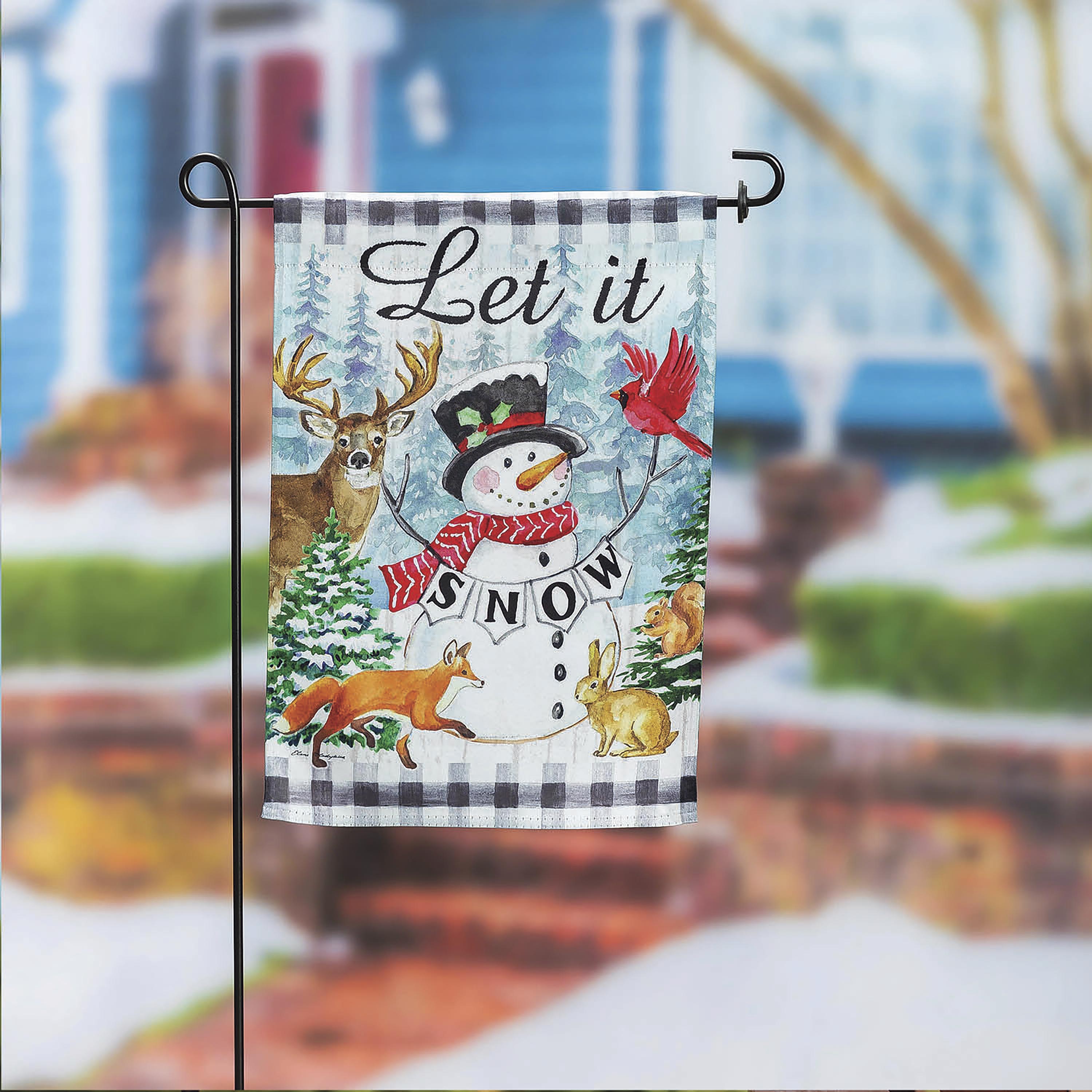 Let it Snow Snowman and Woodlands Suede Garden Flag