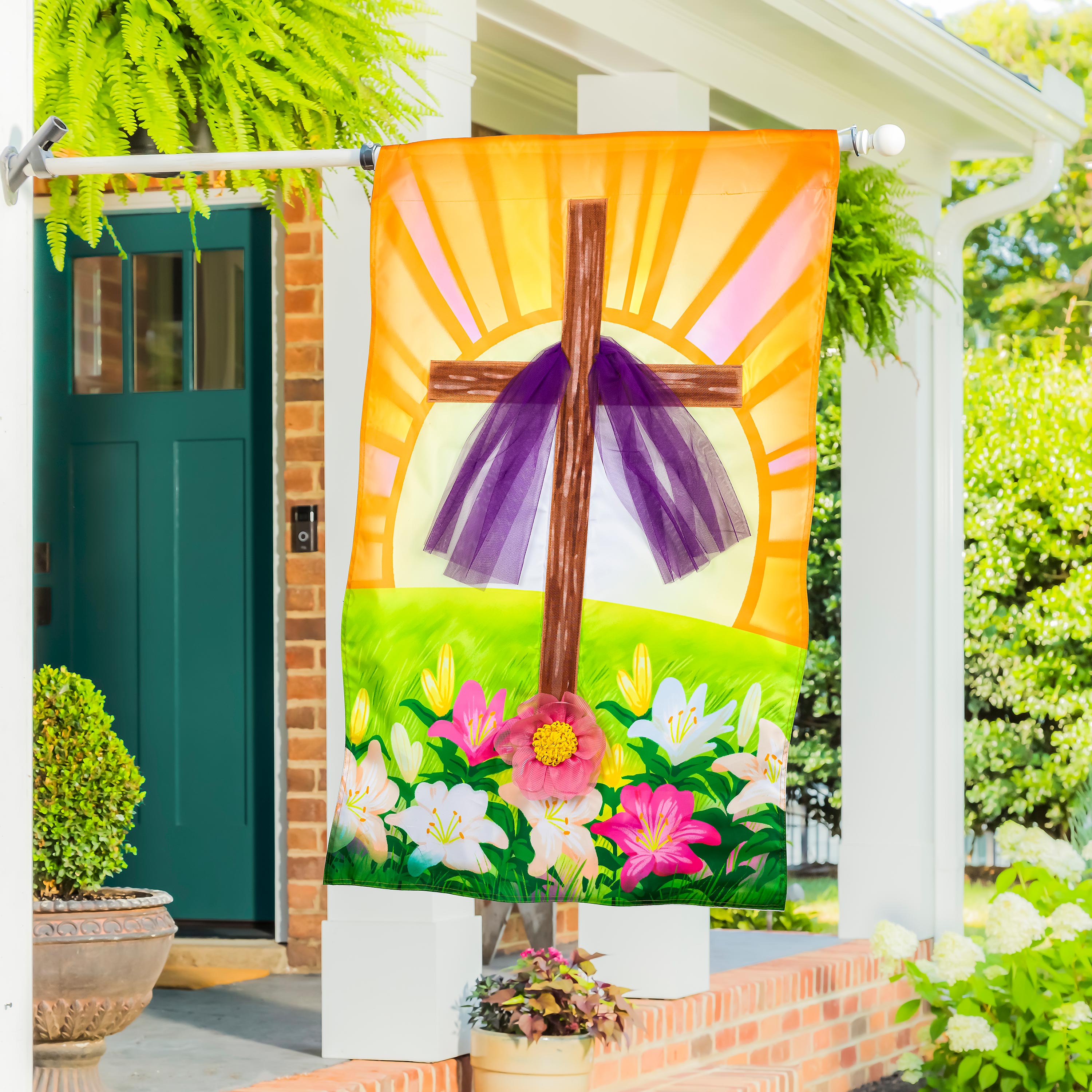 Easter Cross With Lilies Applique House Flag