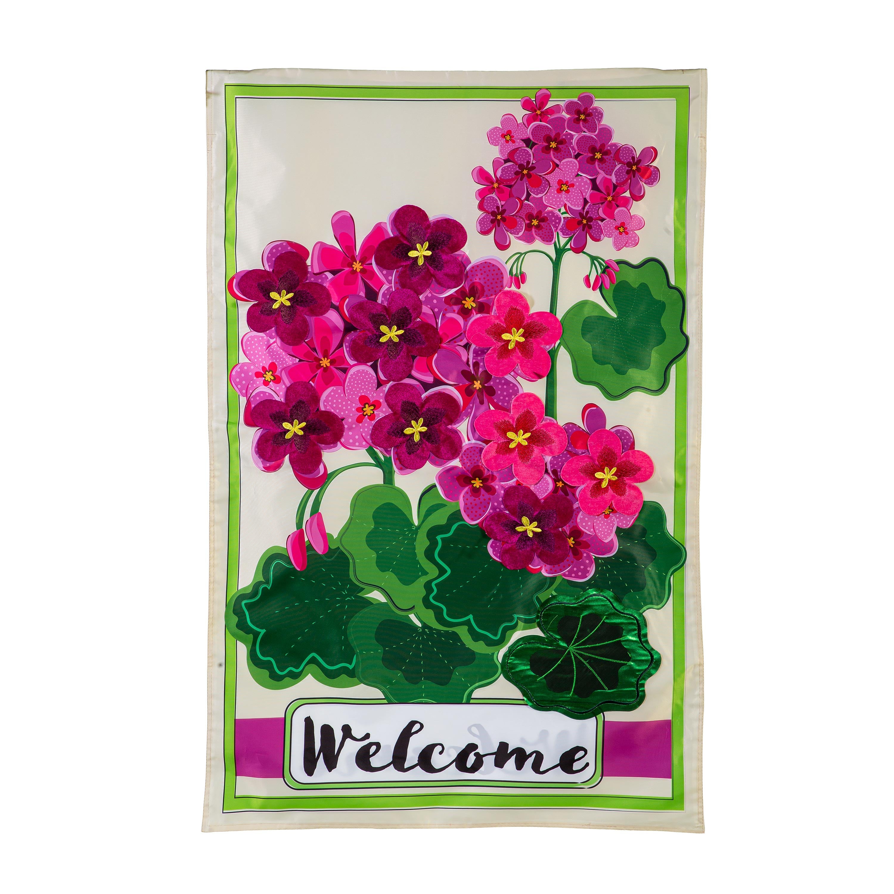 Pink Geranium Welcome Applique House Flag