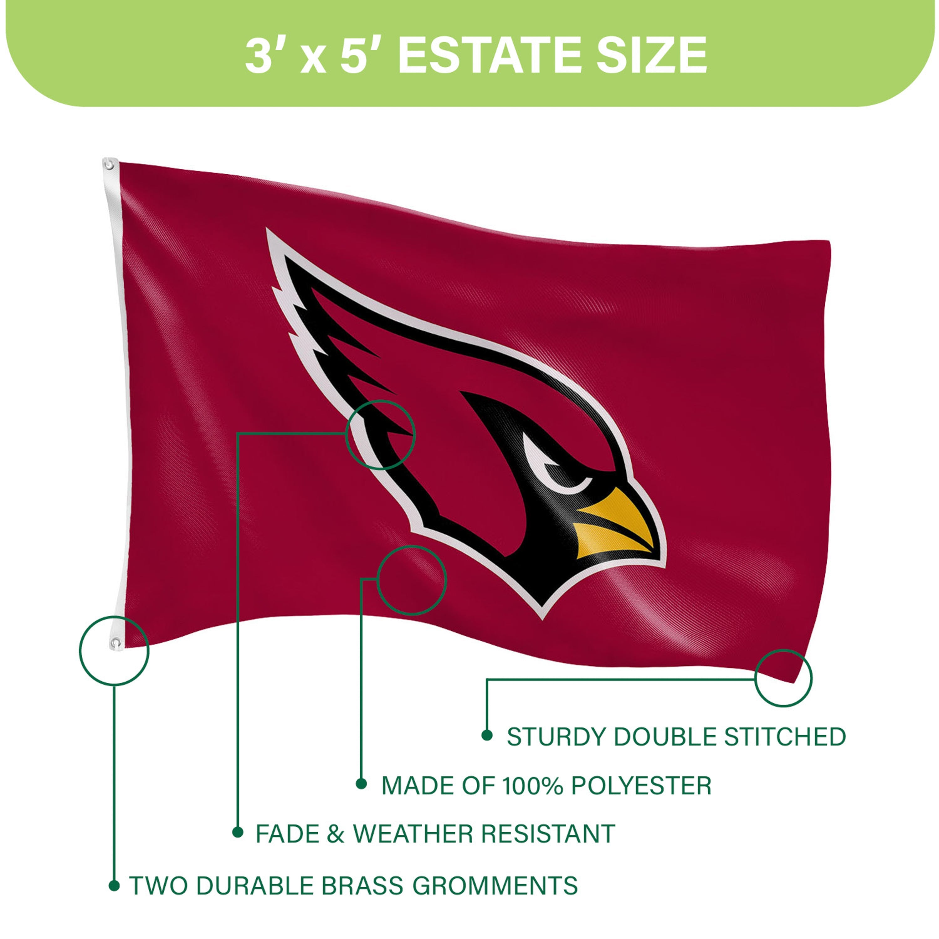 3'x5' Single Sided Flag w/ 2 Grommets, Arizona Cardinals