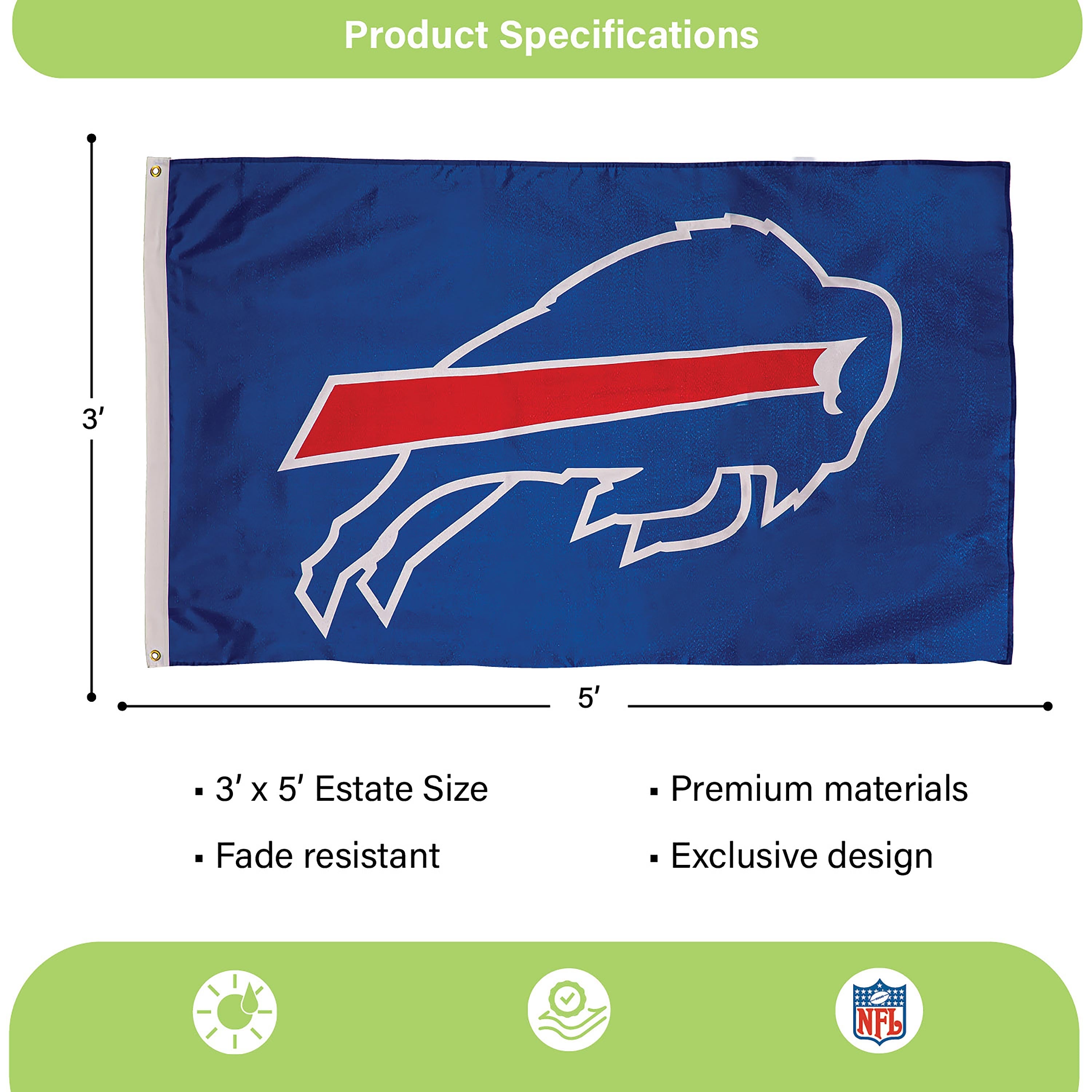 Buffalo Bills Single Sided Estate Flag with 2 Grommets, 3'x5'