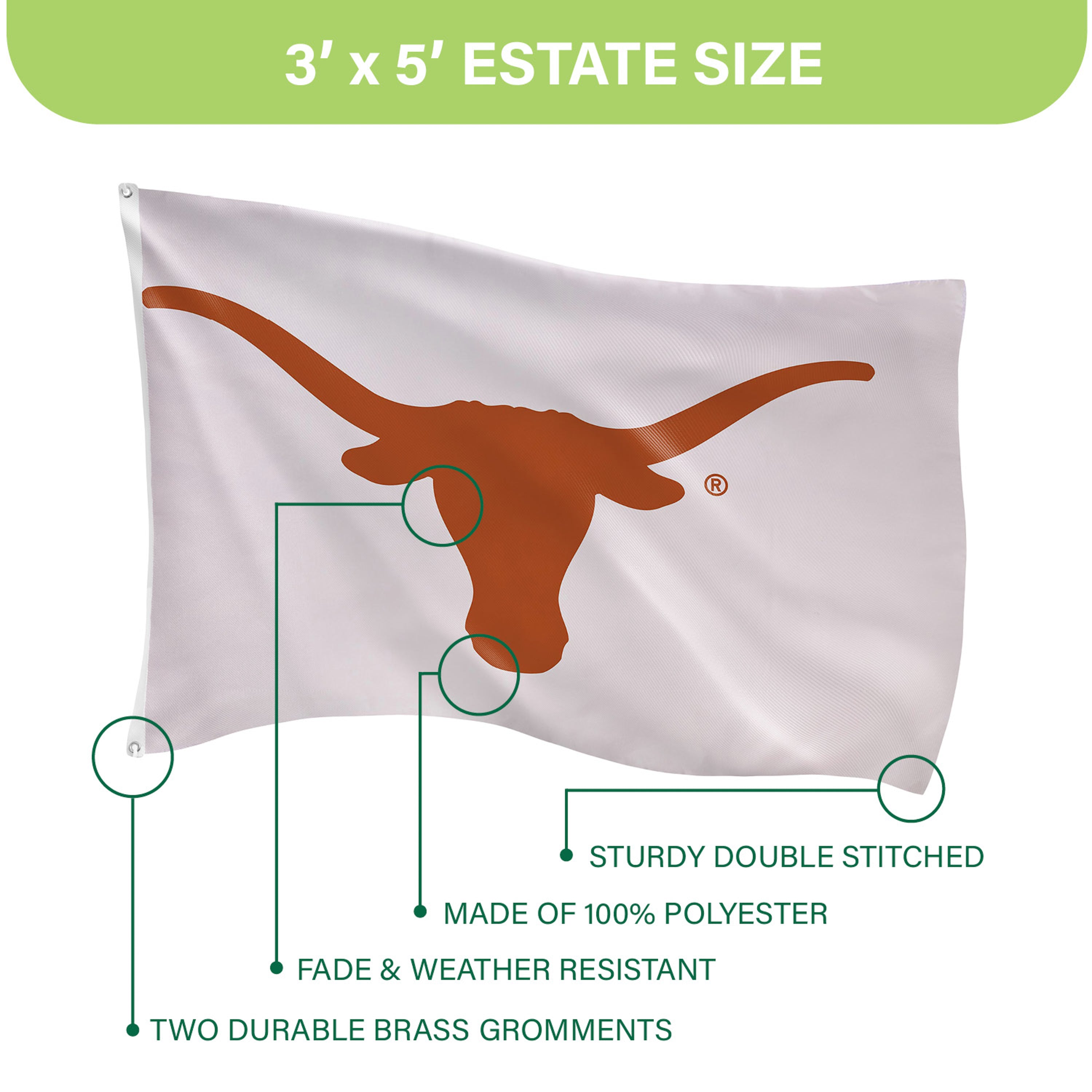 3'x5' Single Sided Flag w/ 2 Grommets, University of Texas