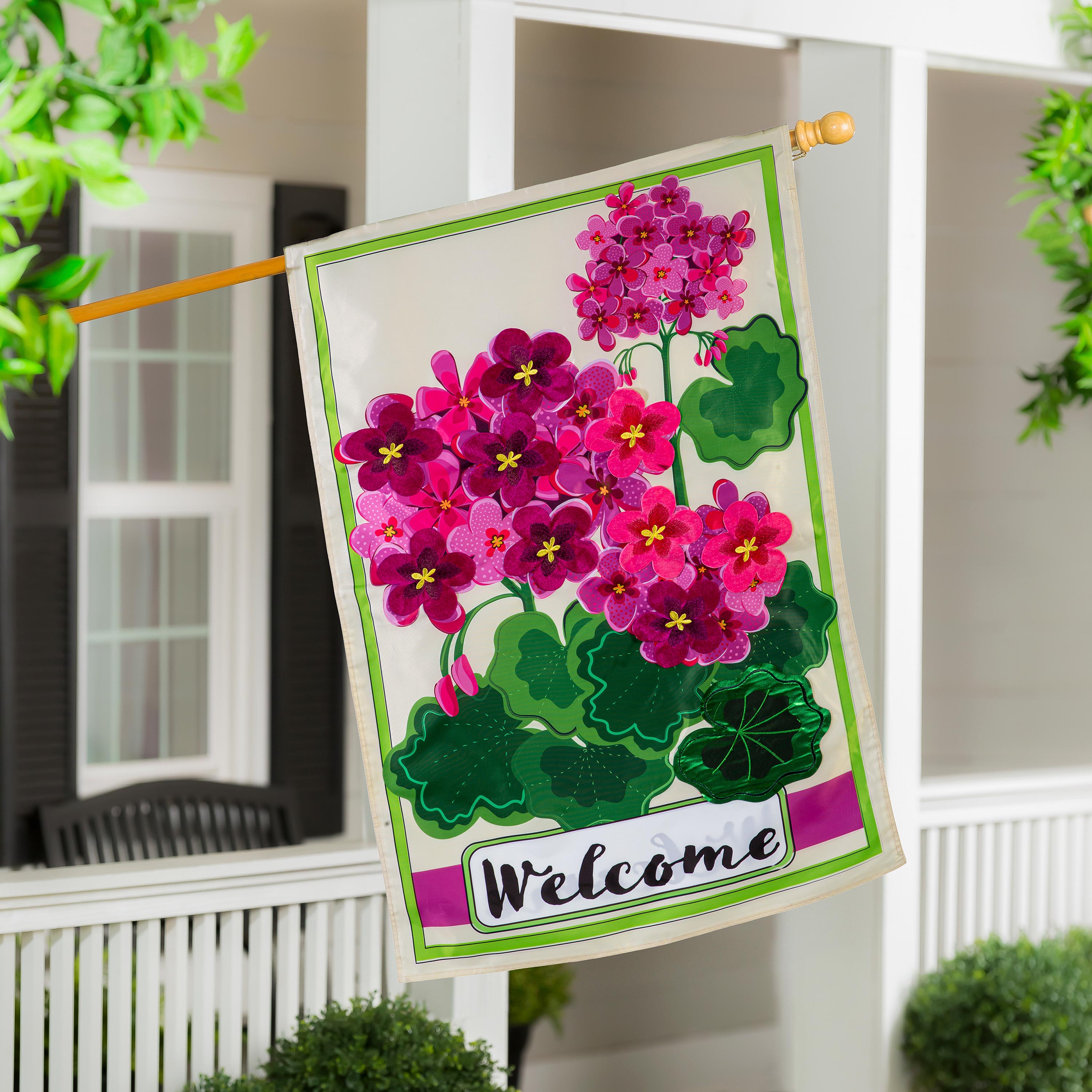 Pink Geranium Welcome Applique House Flag