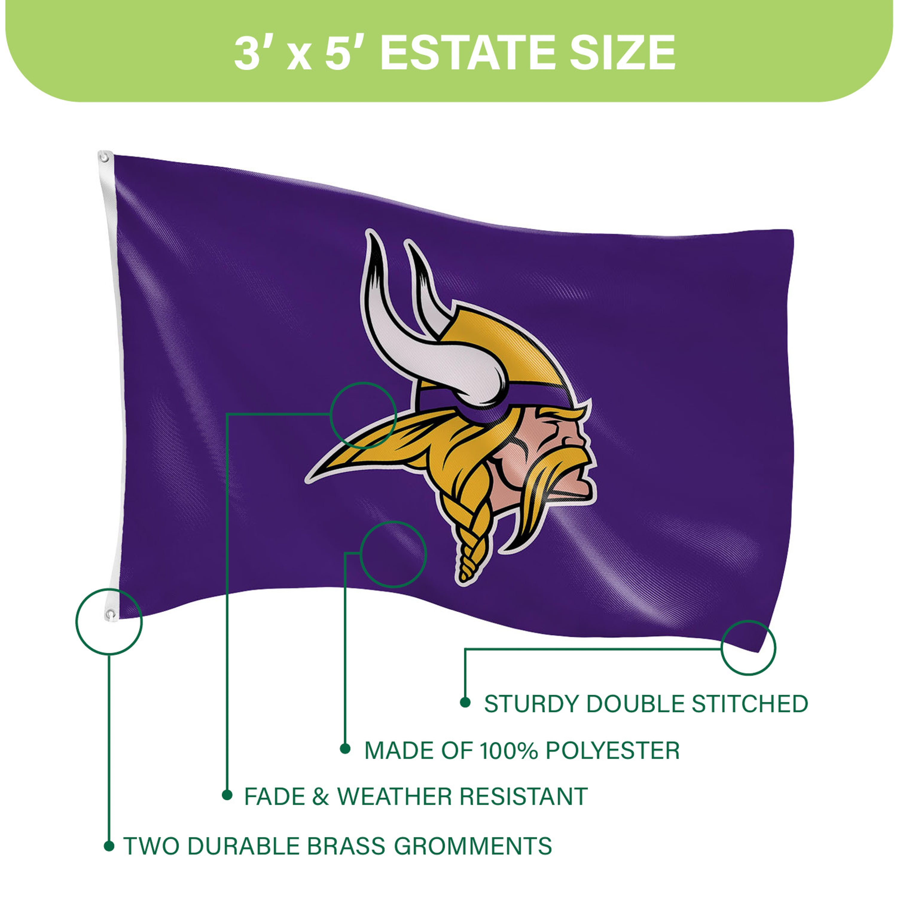 Minnesota Vikings Single Sided Estate Flag with 2 Grommets, 3'x5'