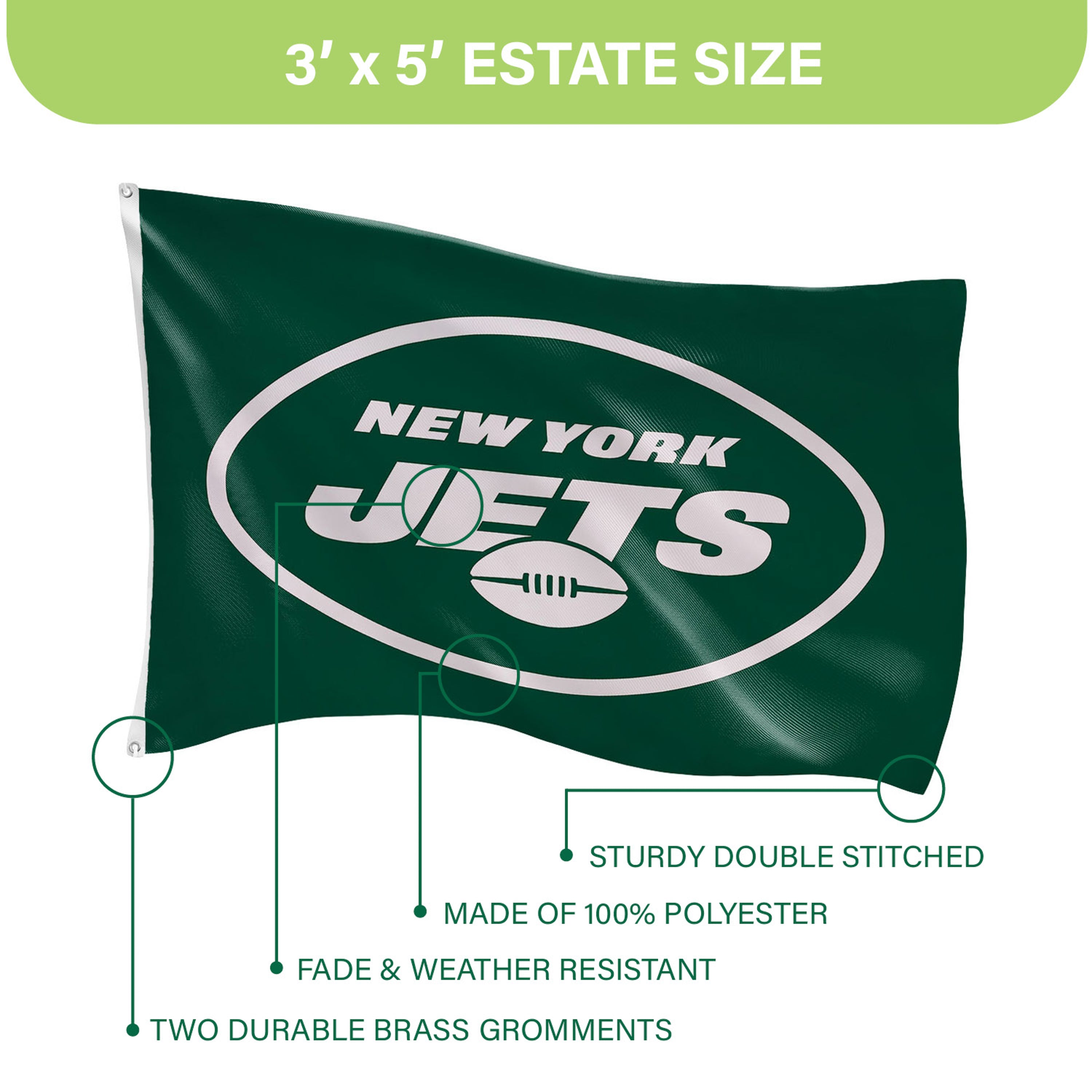 3'x5' Single Sided Flag w/ 2 Grommets, New York Jets