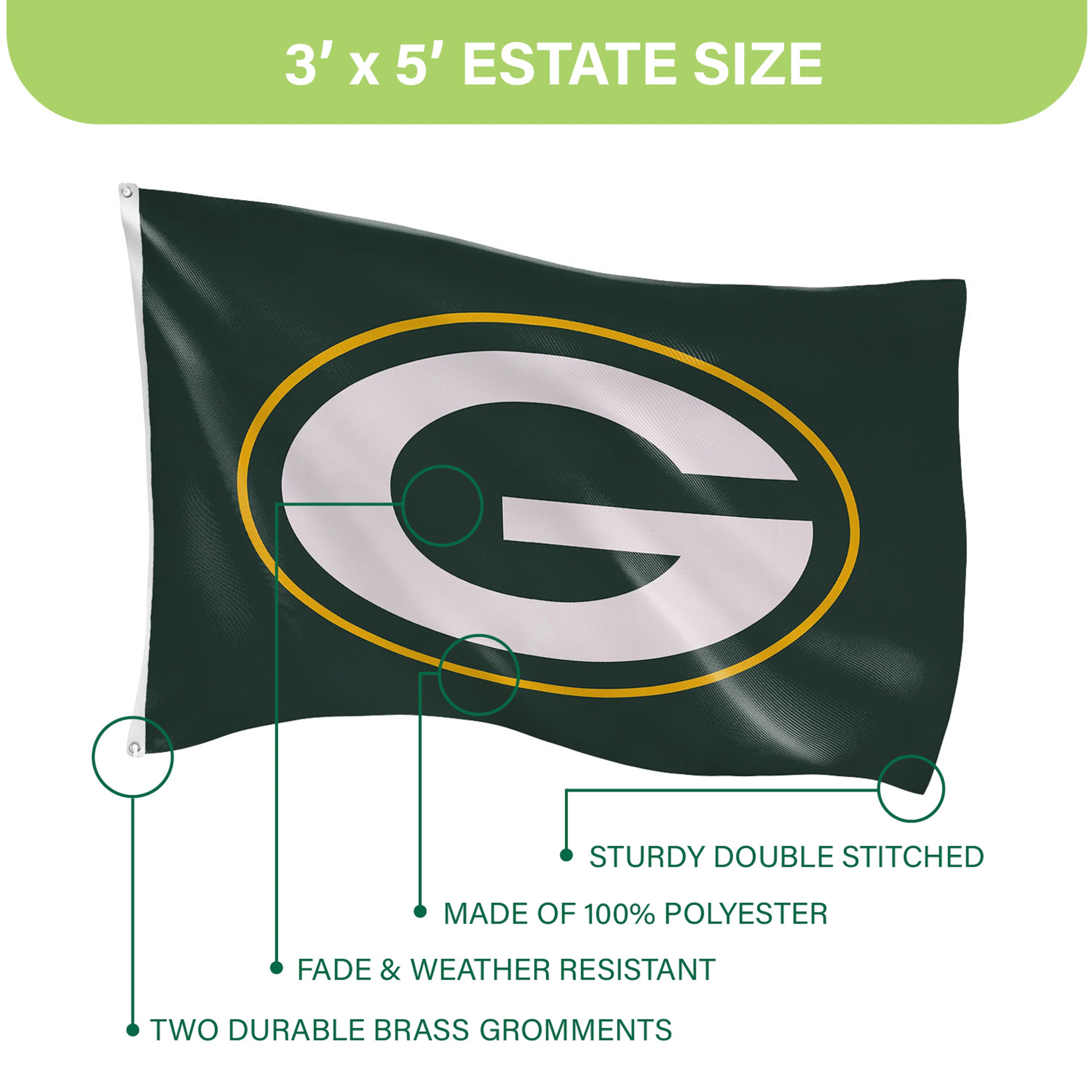 Green Bay Packers Single Sided Estate Flag with 2 Grommets, 3'x5'
