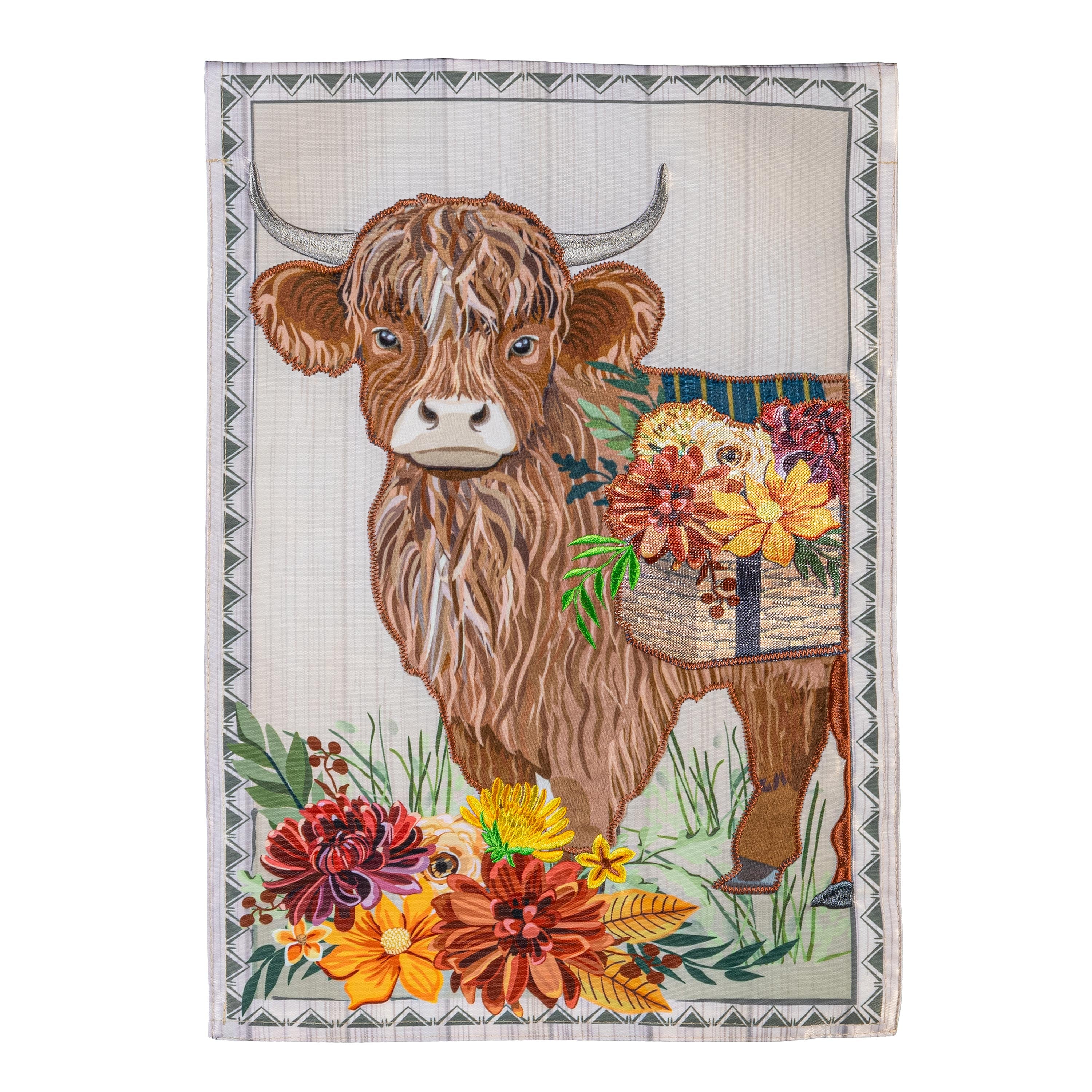 Highland Cow Fall Floral Applique Garden Flag