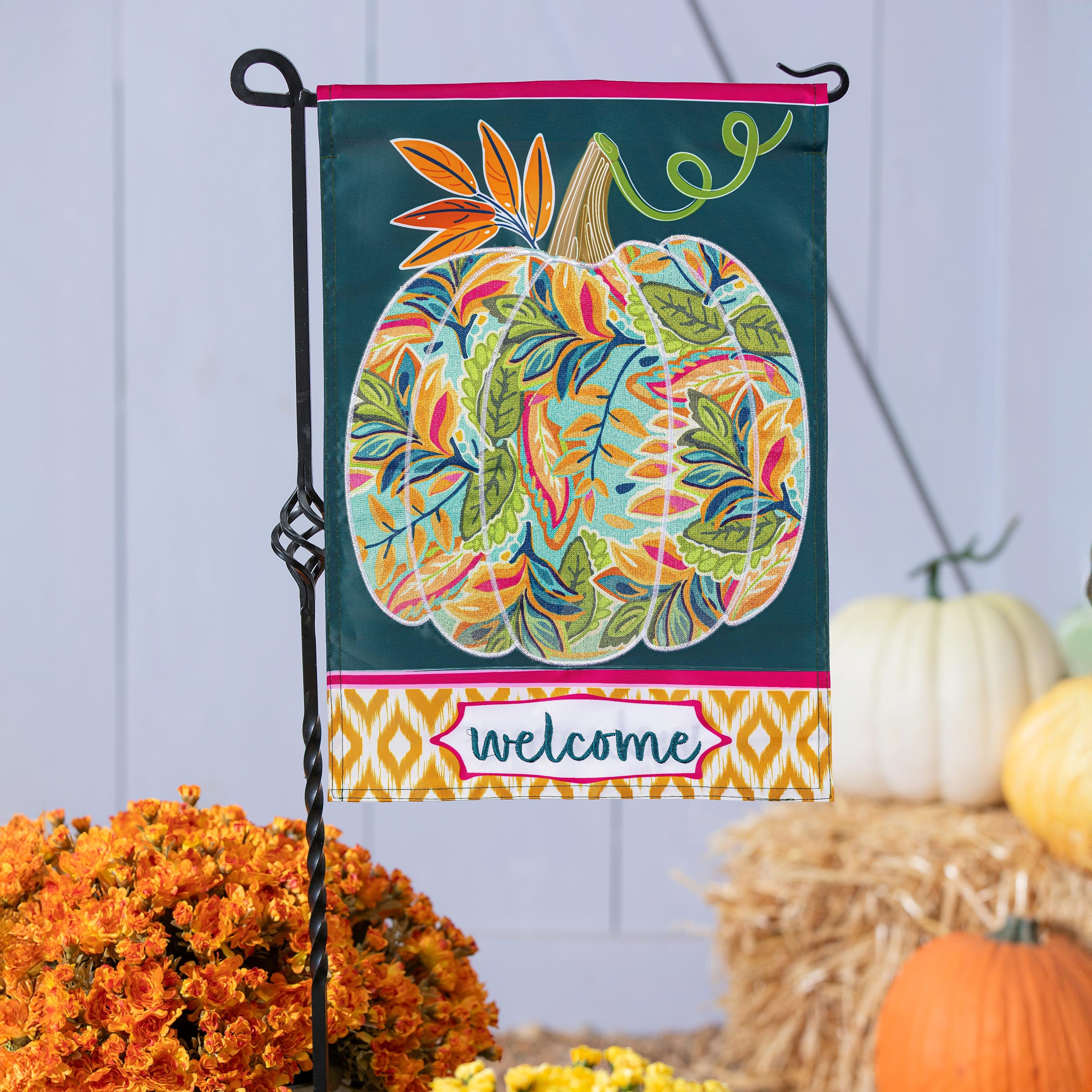 Patterned Jacobean Floral Pumpkin Applique Garden Flag