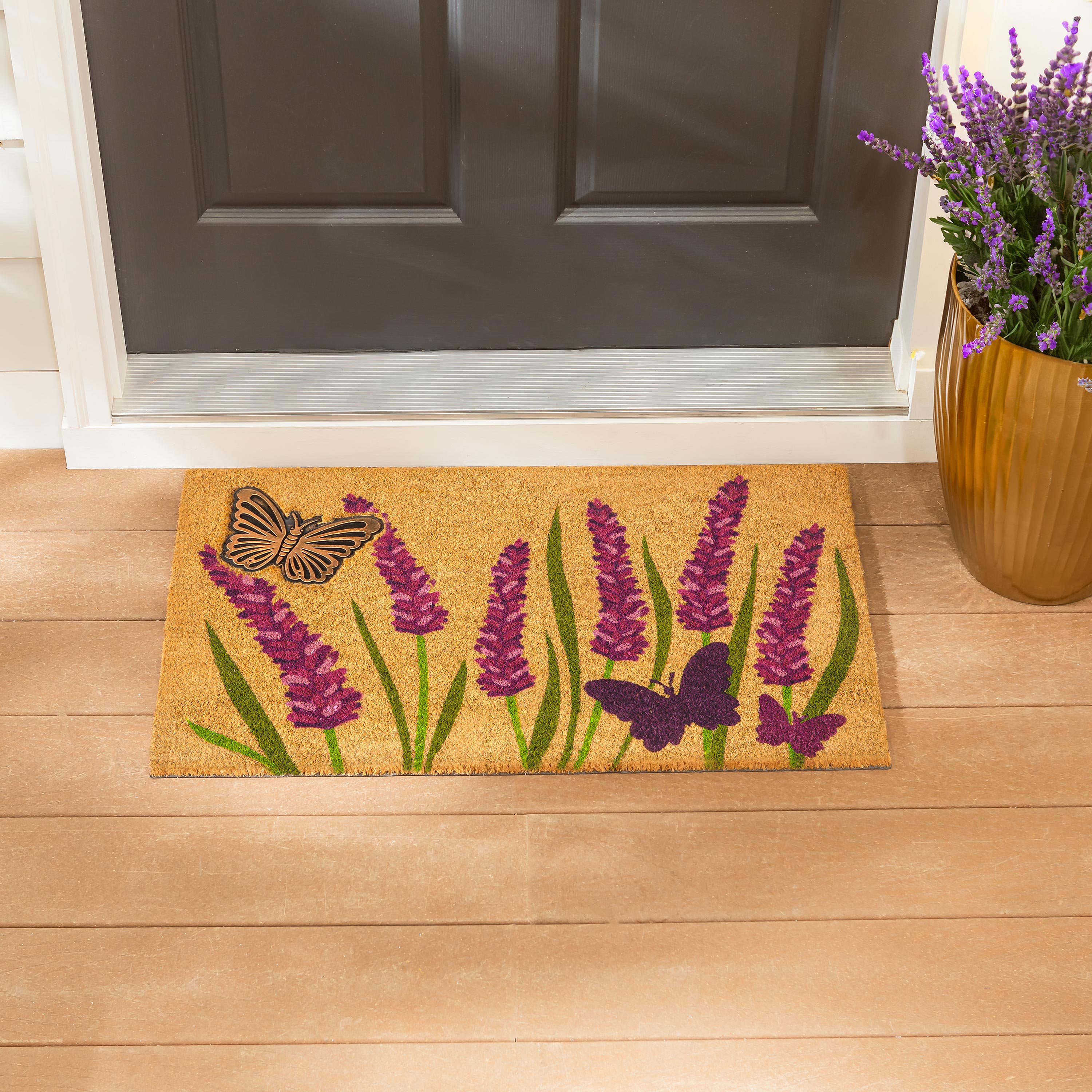 Lavender Field of Dreams Coir Mat with Rubber Embossed Butterfly