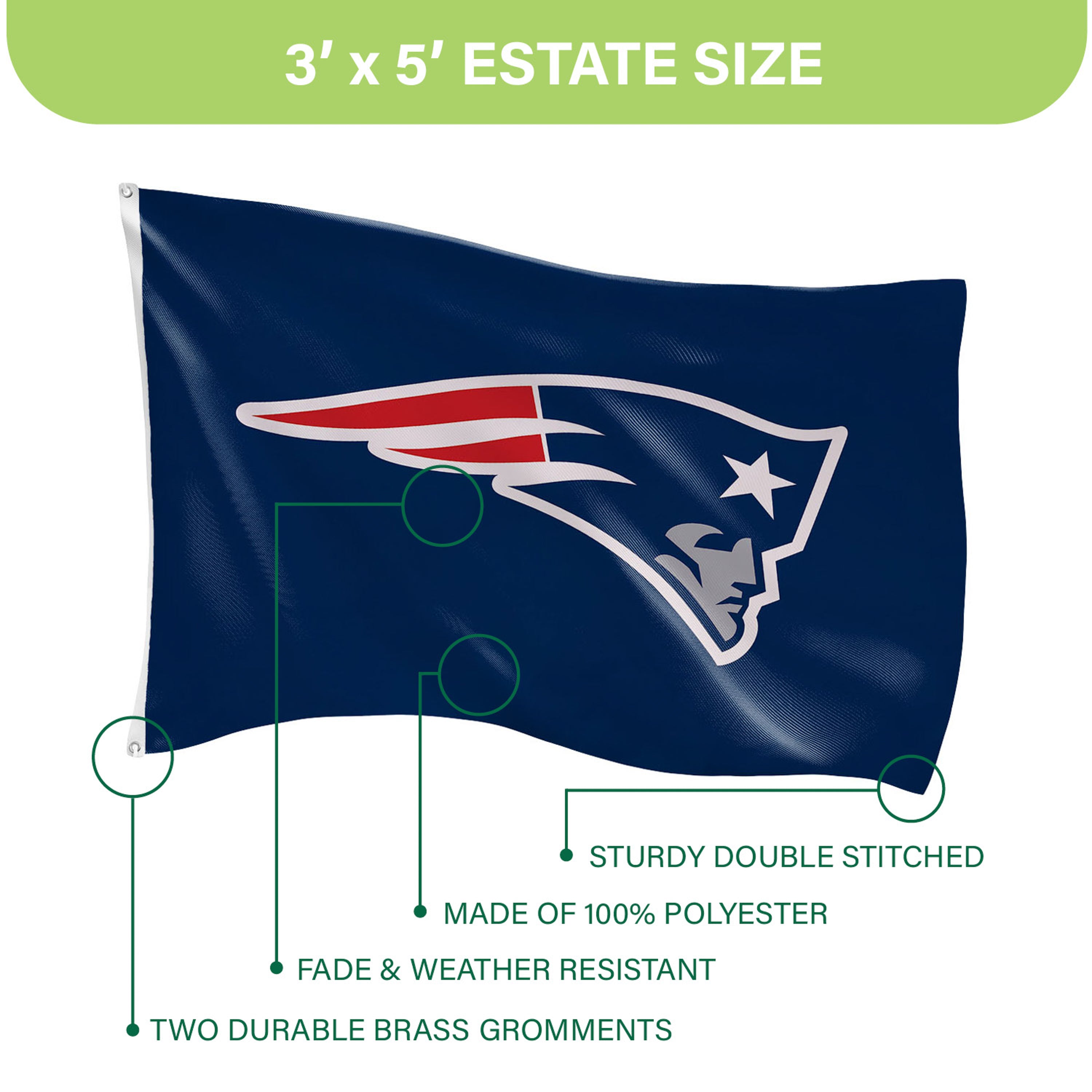 3'x5' Single Sided Flag w/ 2 Grommets, New England Patriots