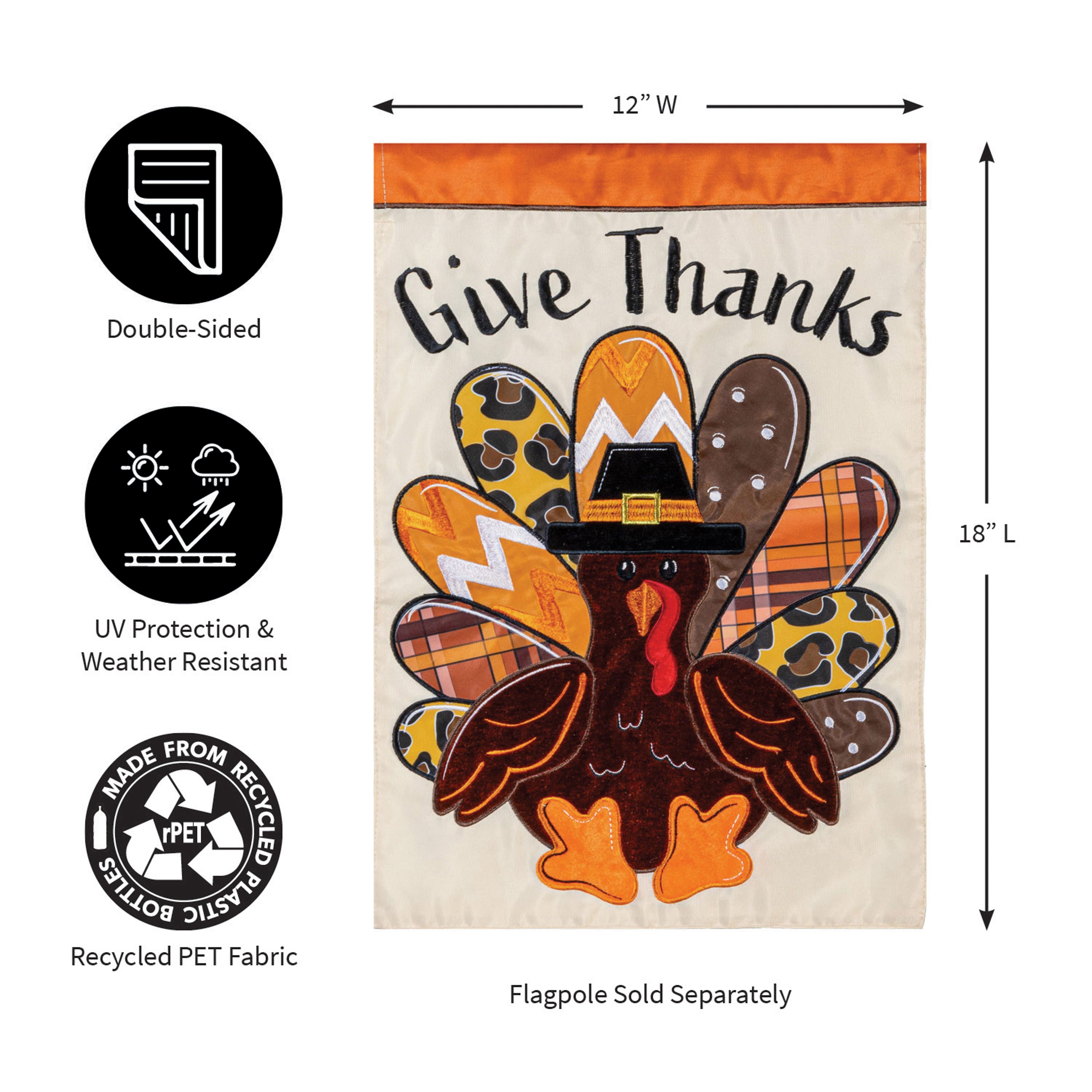 Give Thanks Patterned Turkey Applique Garden Flag