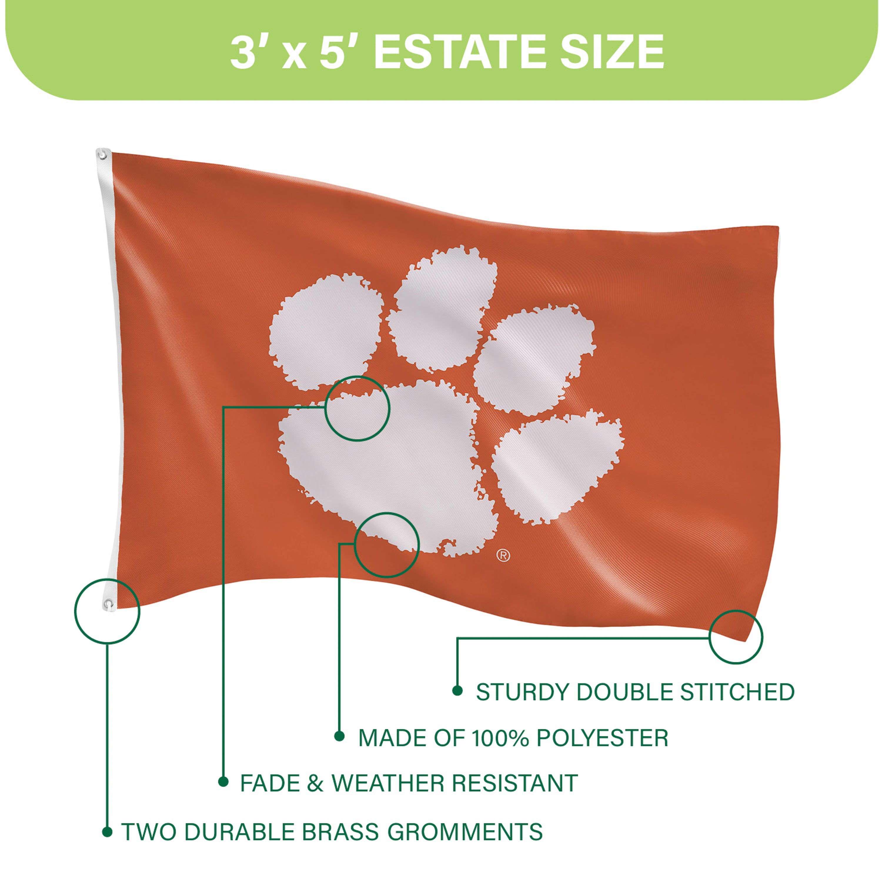 Clemson University Single Sided Estate Flag with 2 Grommets, 3'x5'