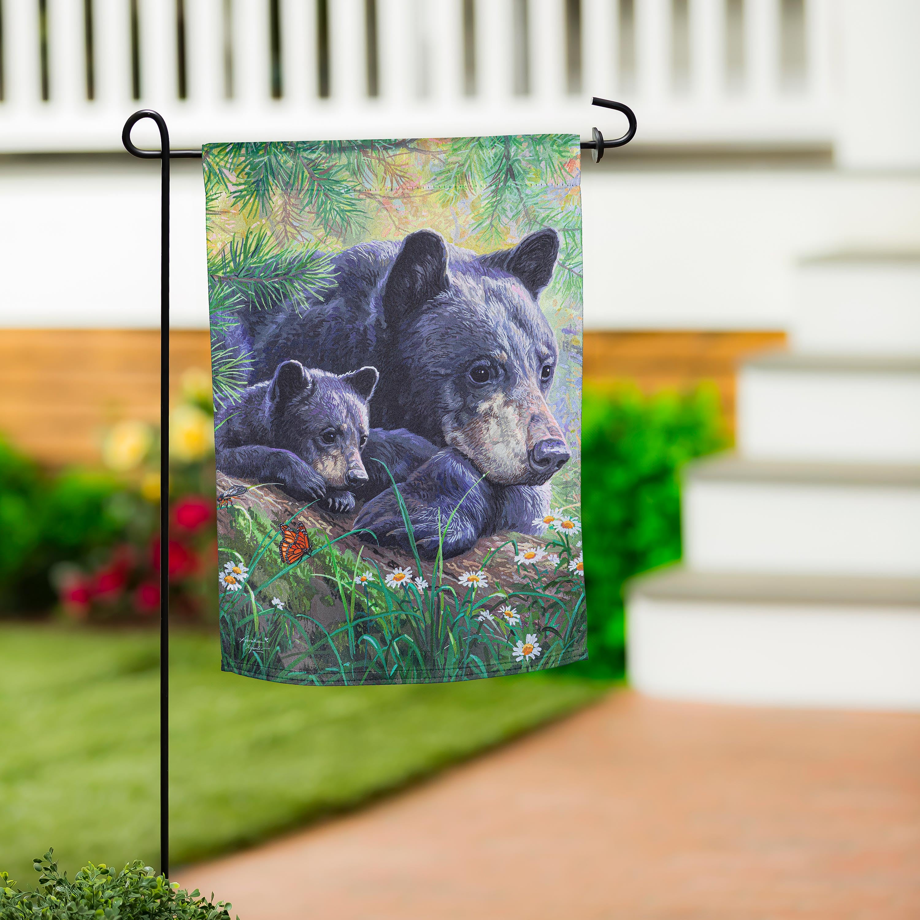 Mom and Baby Bear in the Meadow Suede Garden Flag