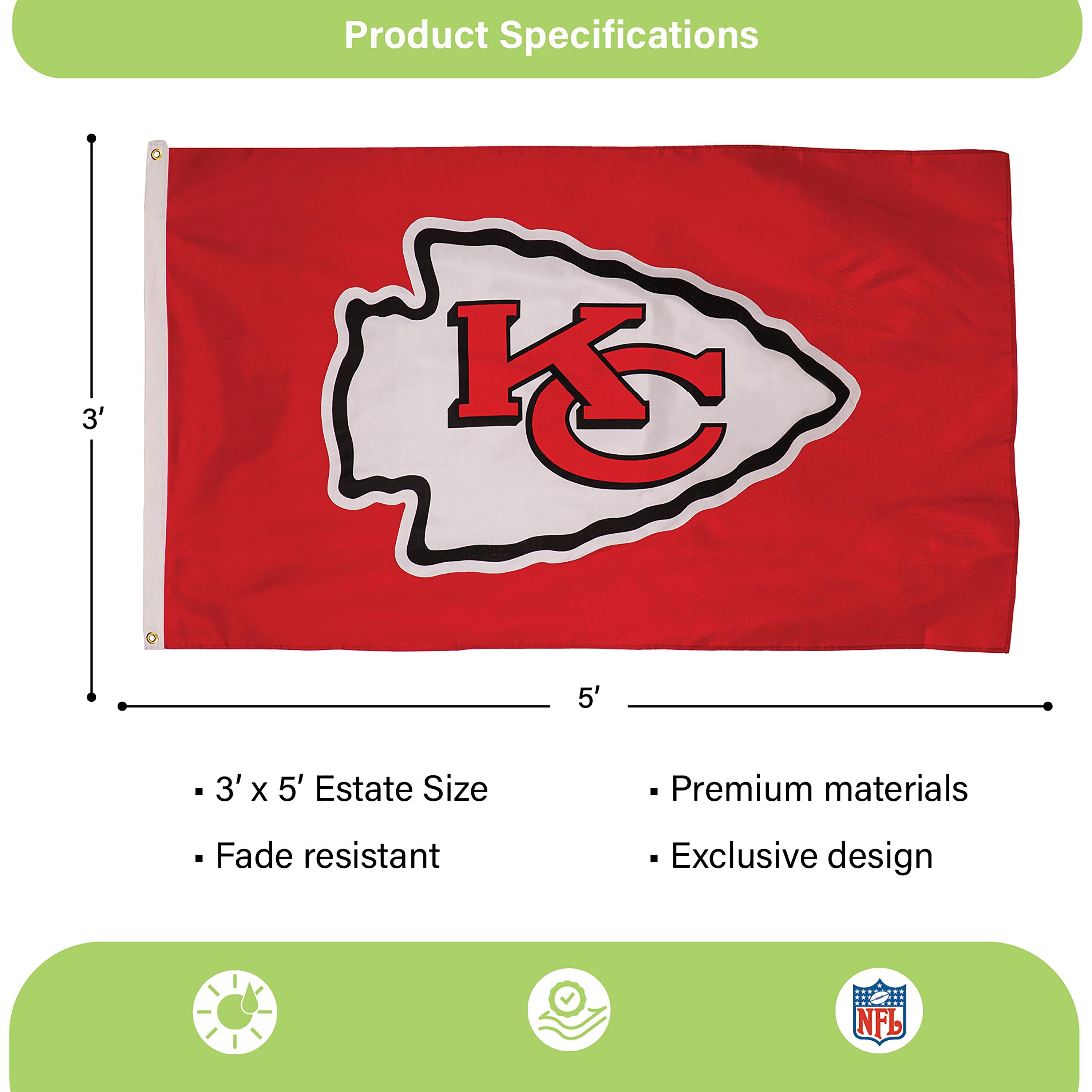 Kansas City Chiefs Single Sided Estate Flag with 2 Grommets, 3'x5'