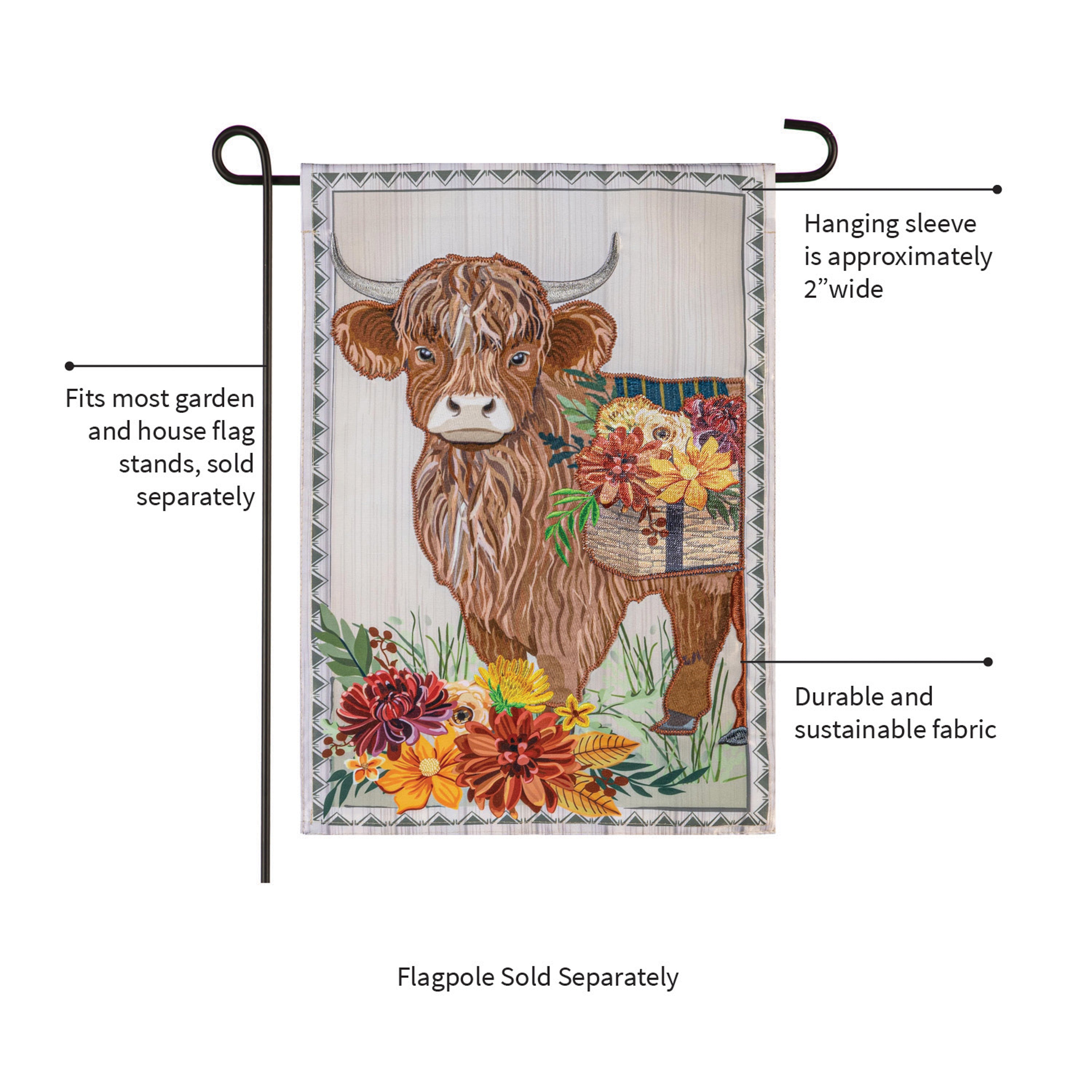 Highland Cow Fall Floral Applique Garden Flag