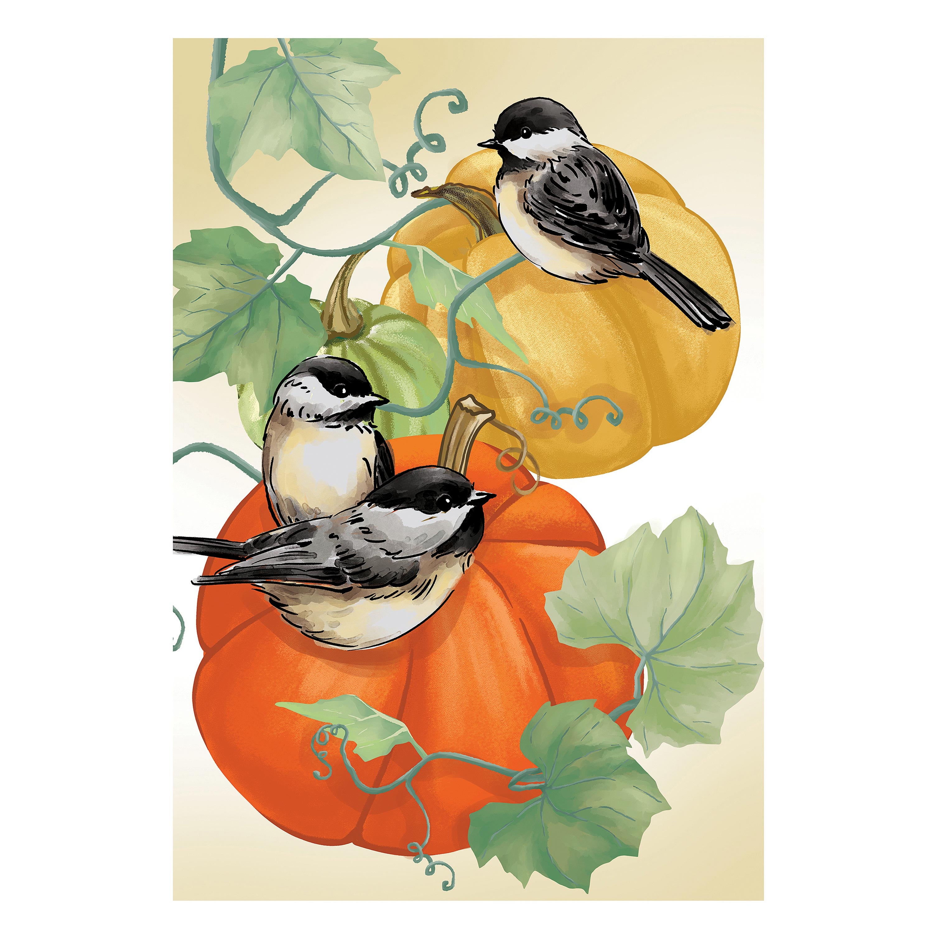 Chickadee Pumpkin Vine Suede Garden Flag