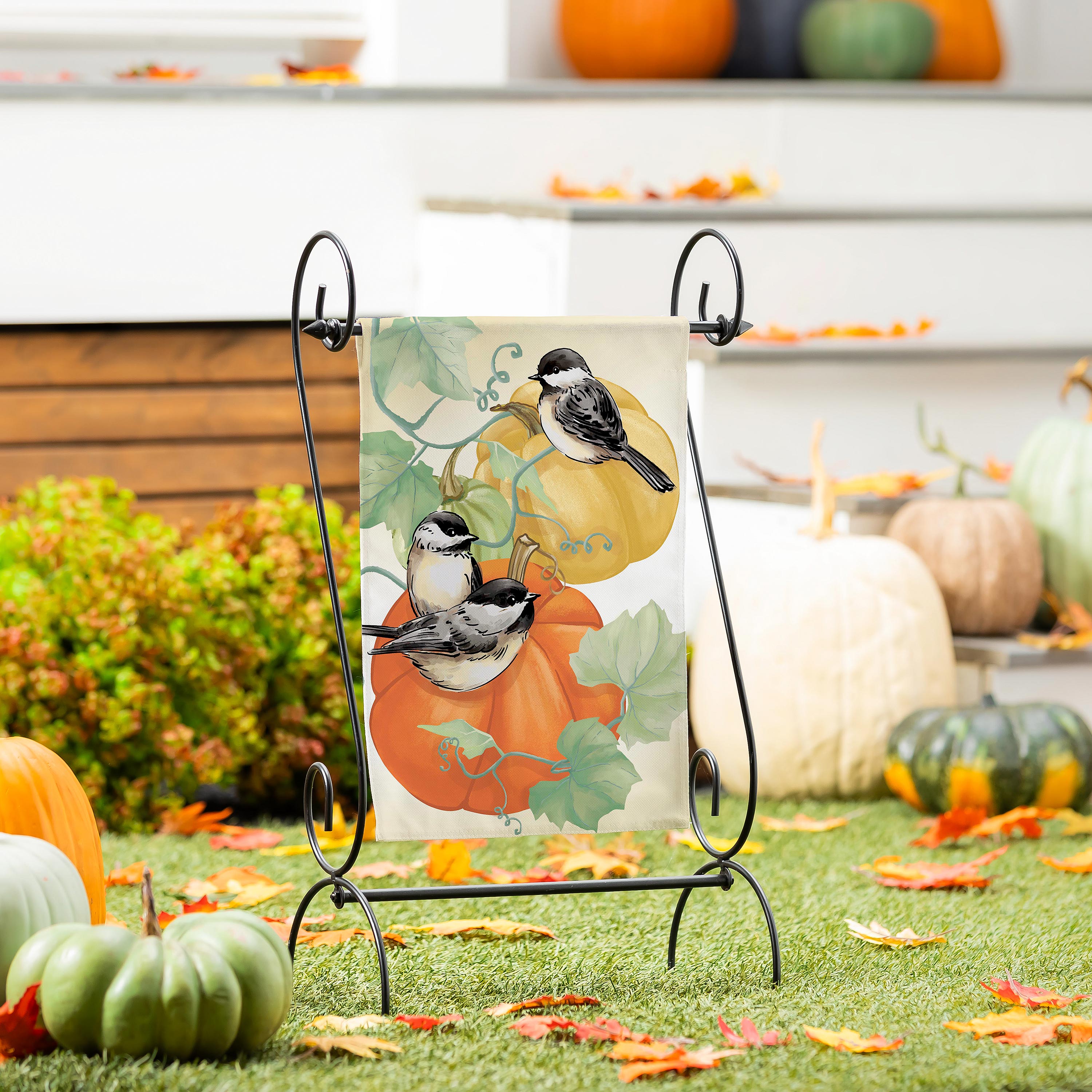 Chickadee Pumpkin Vine Suede Garden Flag