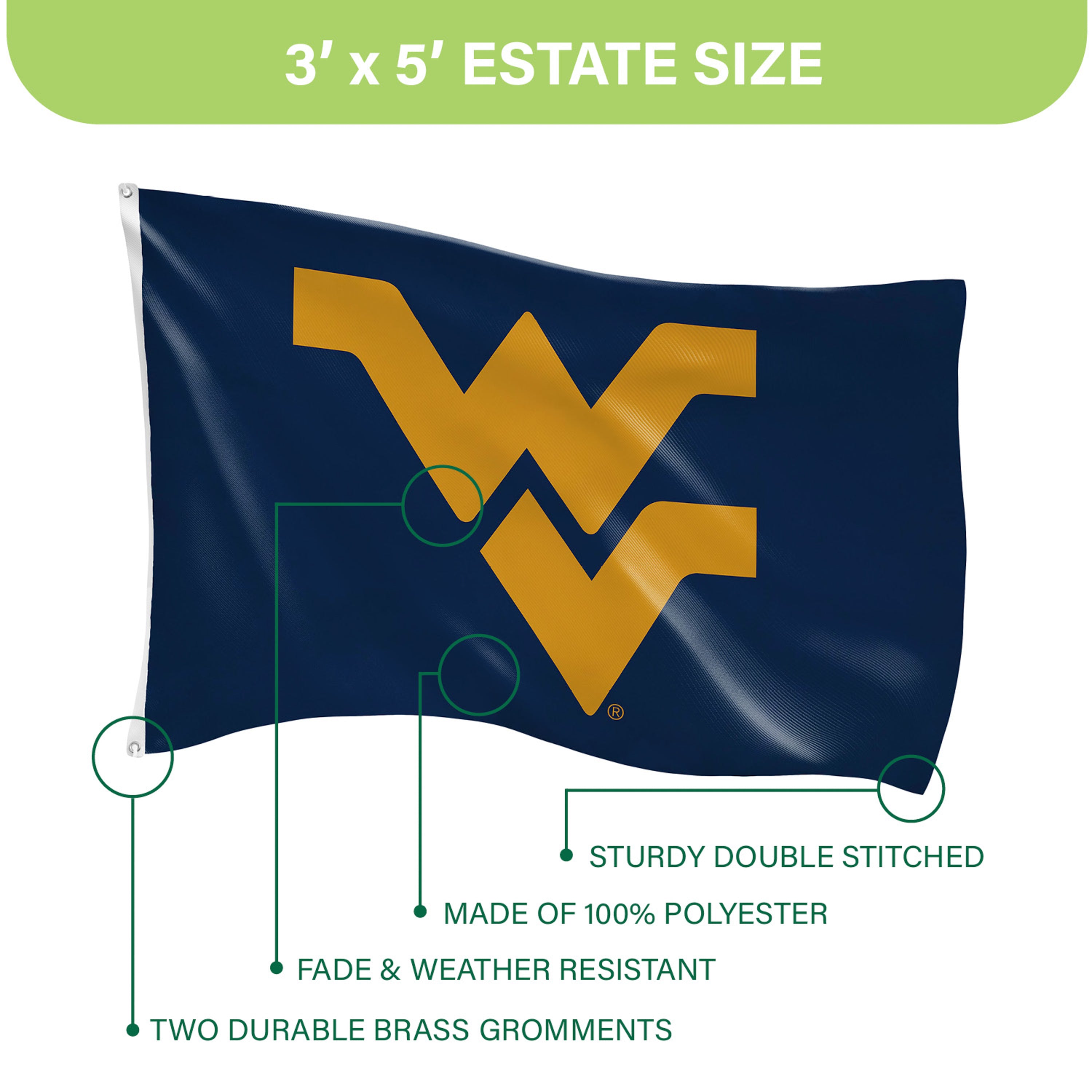 West Virginia University Single Sided Estate Flag with 2 Grommets, 3'x5'