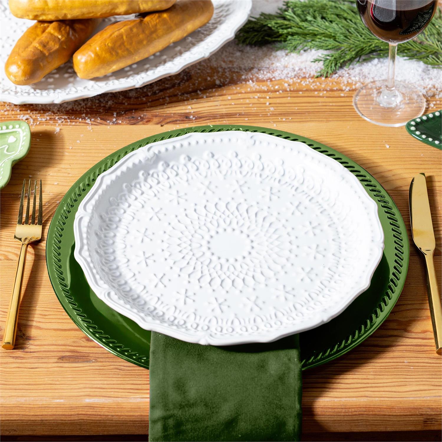 White Embossed Ceramic Dinner Plate, 10.25"
