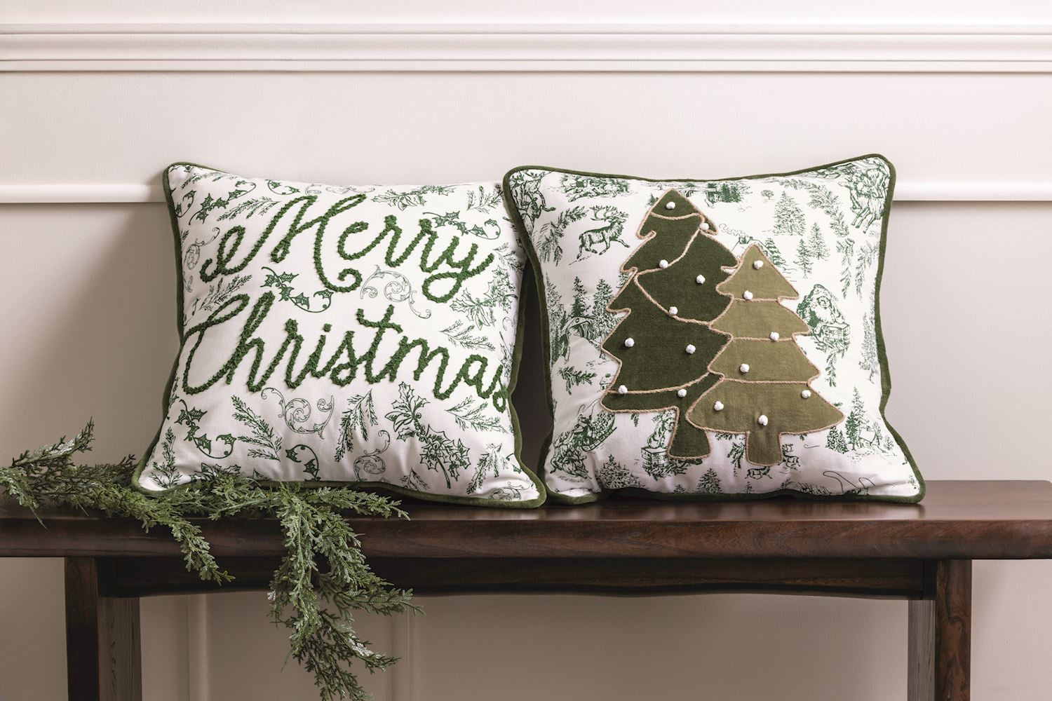 Merry Christmas Green Toile Pillow By Mud Pie