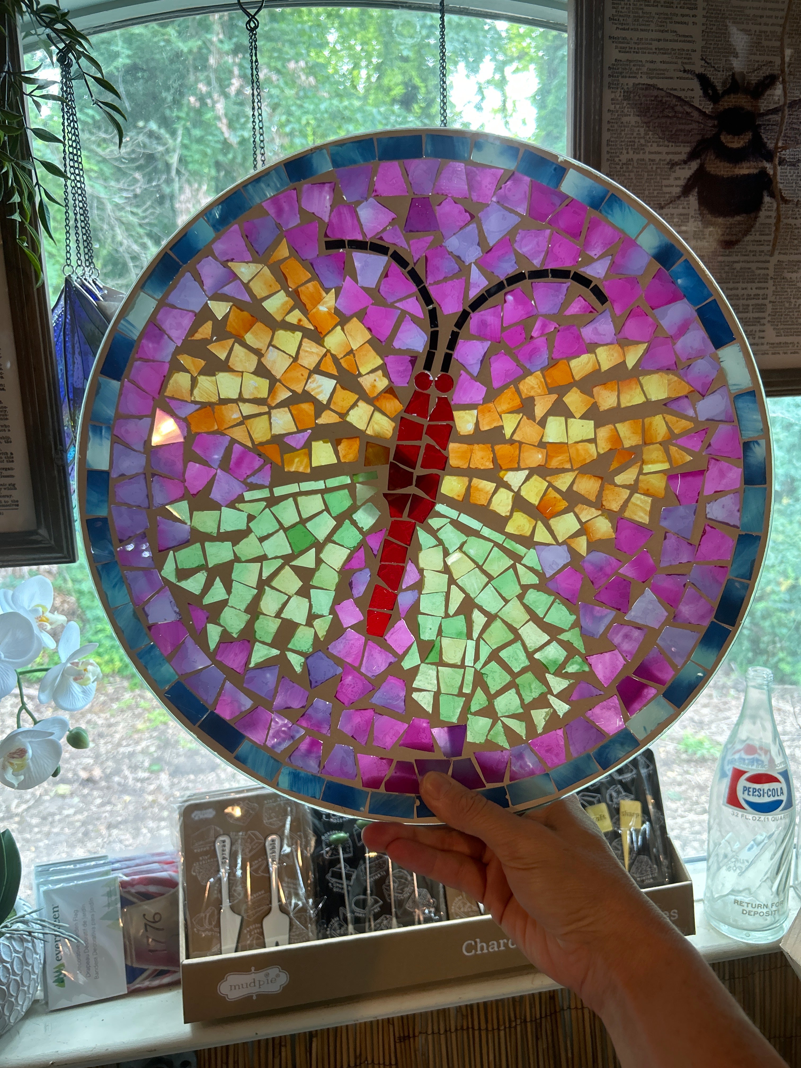 15" Colorful Mosaic Butterfly Bird Bath