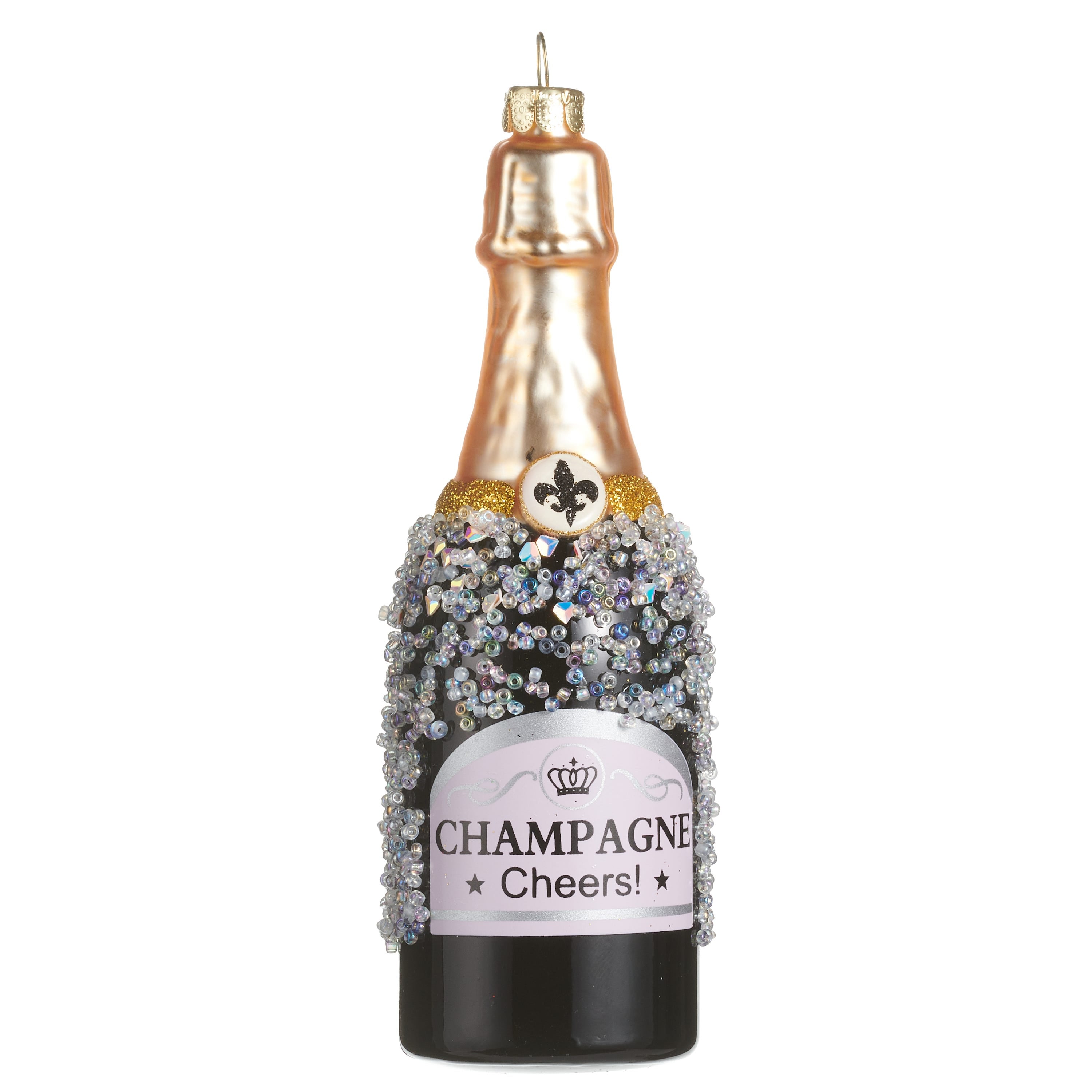 6 inch glass champagne bottle ornament with gold foil top, beaded glitter neck and Champagne Cheers label