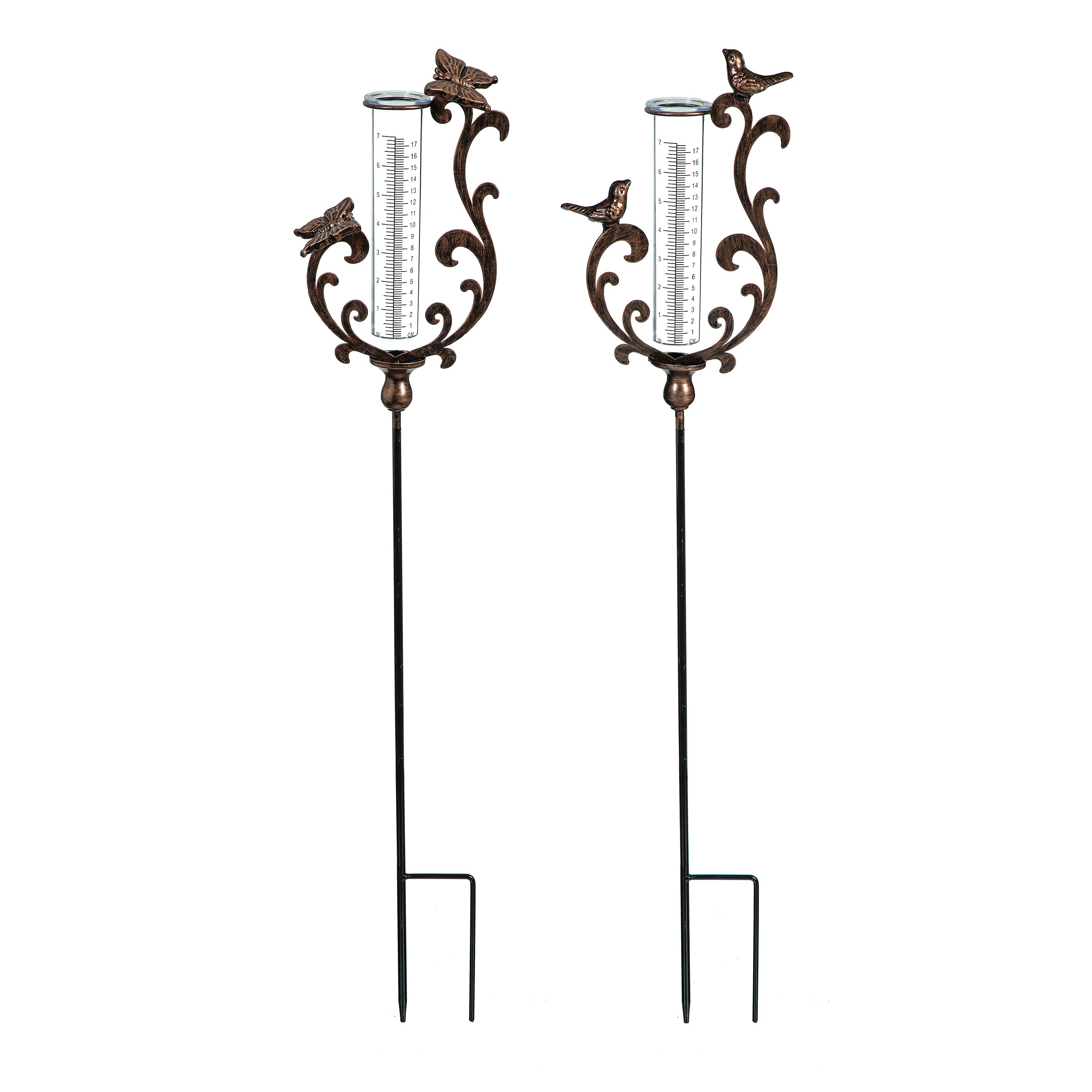 Pollinator Garden Rain Gauge, Bronze Pollinator Rain Gauge Garden Stake, 36"
