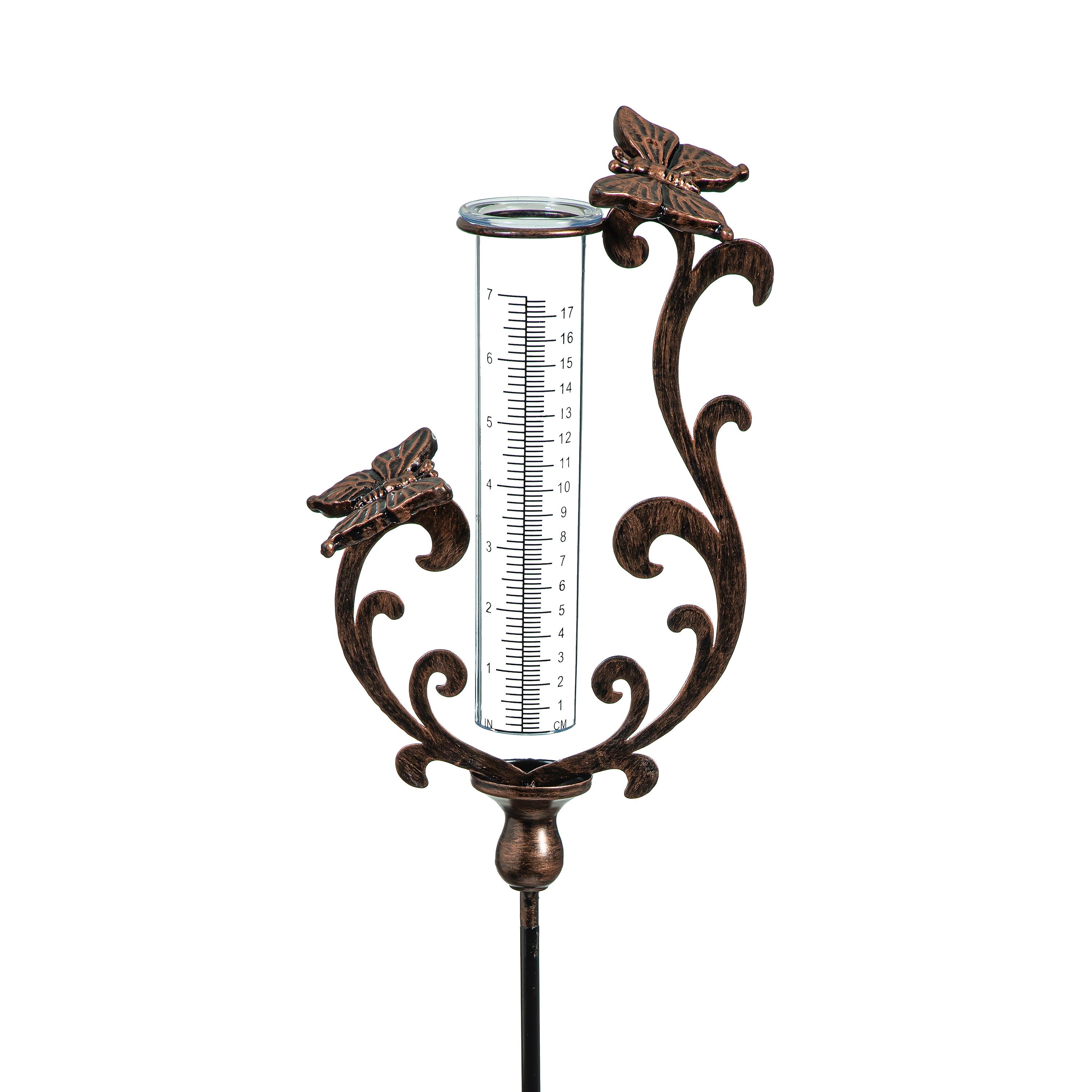 Pollinator Garden Rain Gauge, Bronze Pollinator Rain Gauge Garden Stake, 36"