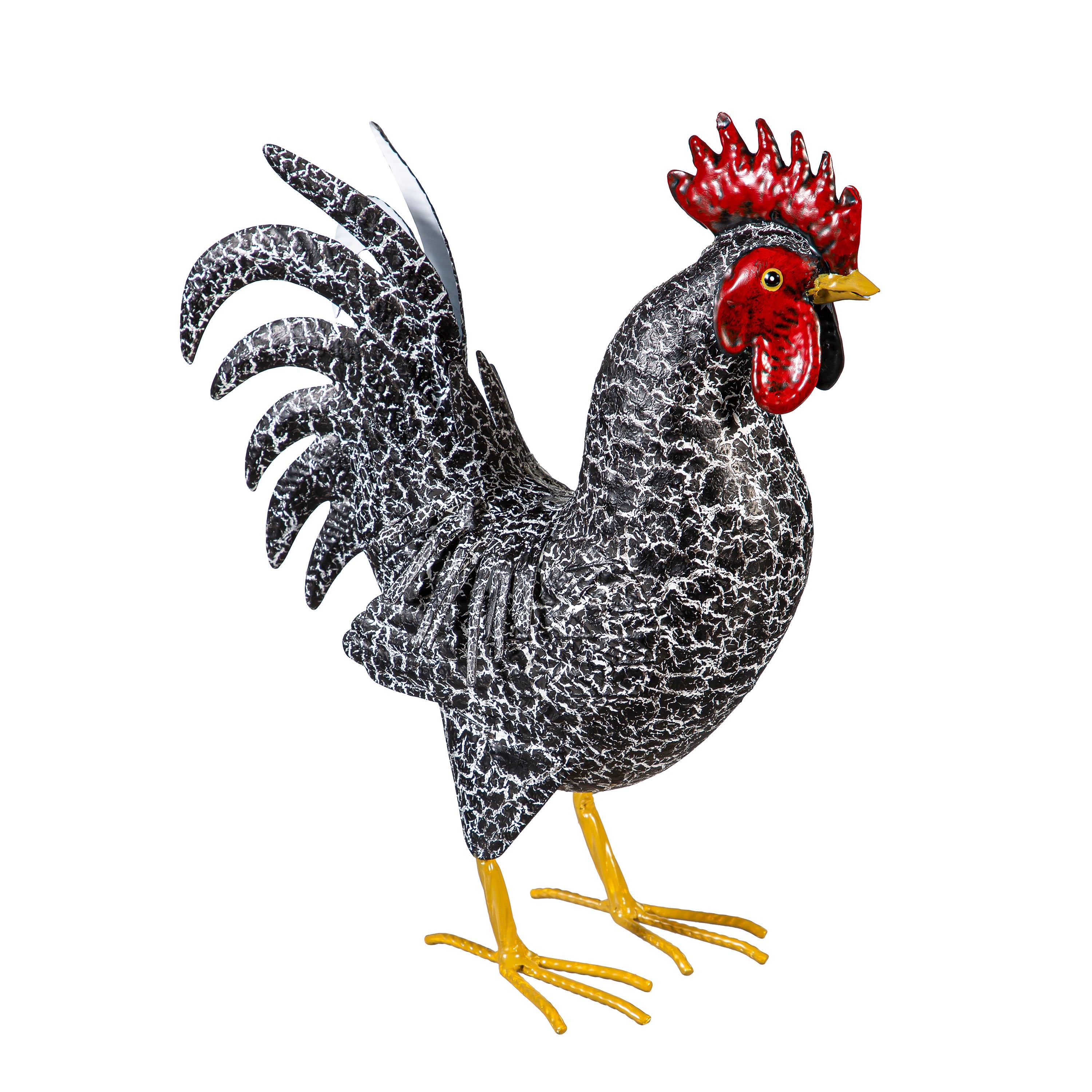 Metal Rooster With Dark Feathers Statue, 14"H