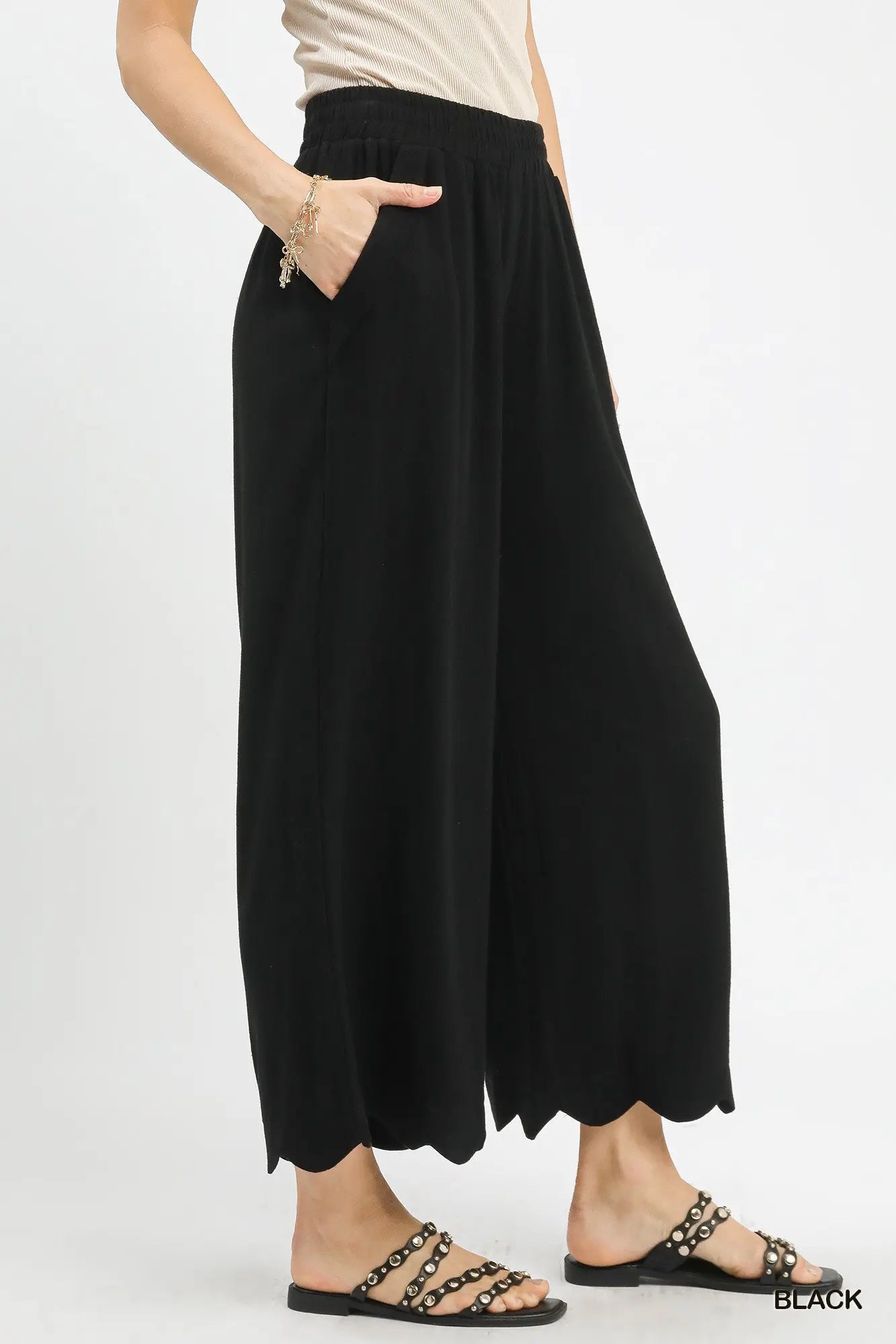 Becka Linen Blend Scallop Hem Wide Leg Pants