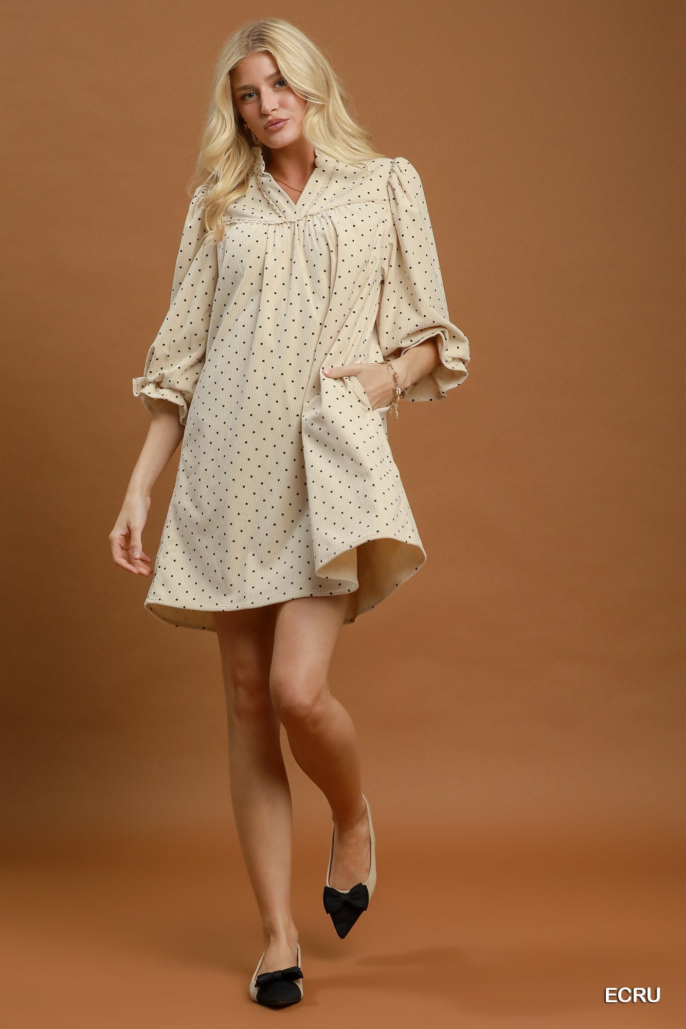 Nora Swiss Dot Ruffle Neck Babydoll Dress - Ecru - view 2