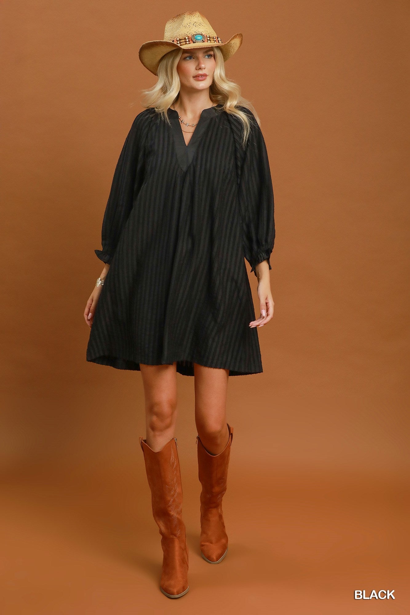 Margot Textured Split Neck Mini Dress - Black with Contrast Cuffs - view 2